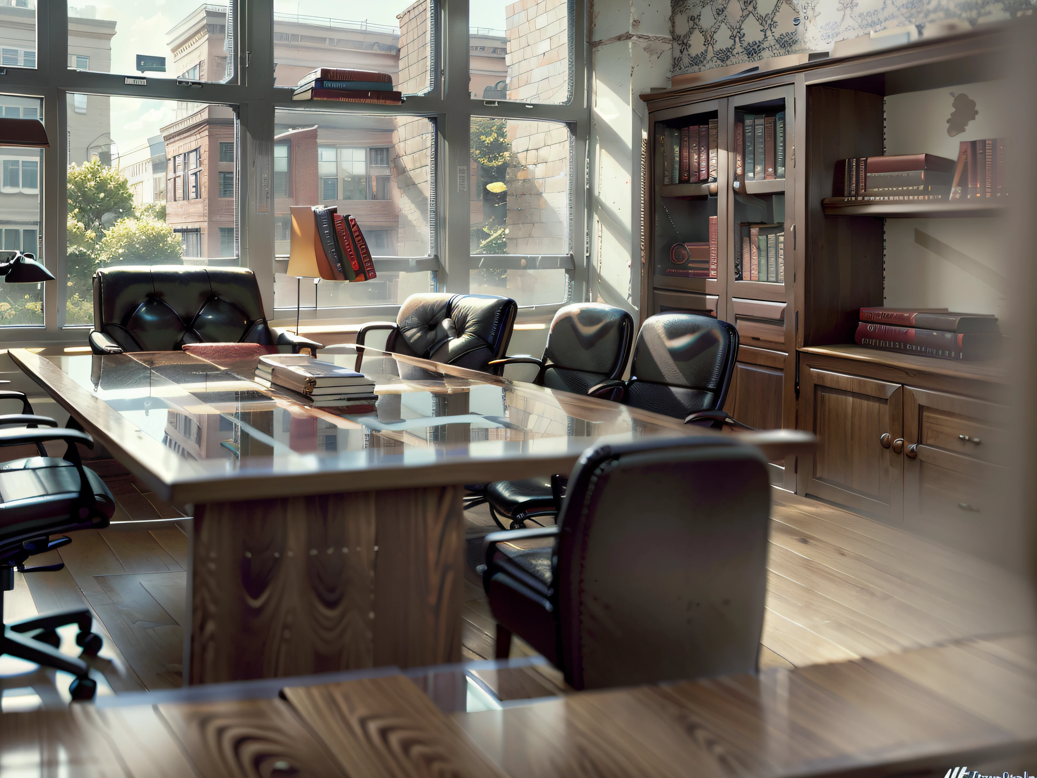 The law firm features contemporary design furniture, including armchairs upholstered in black and gray leather, tempered glass coffee tables with chrome bases, a solid wood meeting table with black leather chairs, and a built-in bookcase with brown leather bound legal books.