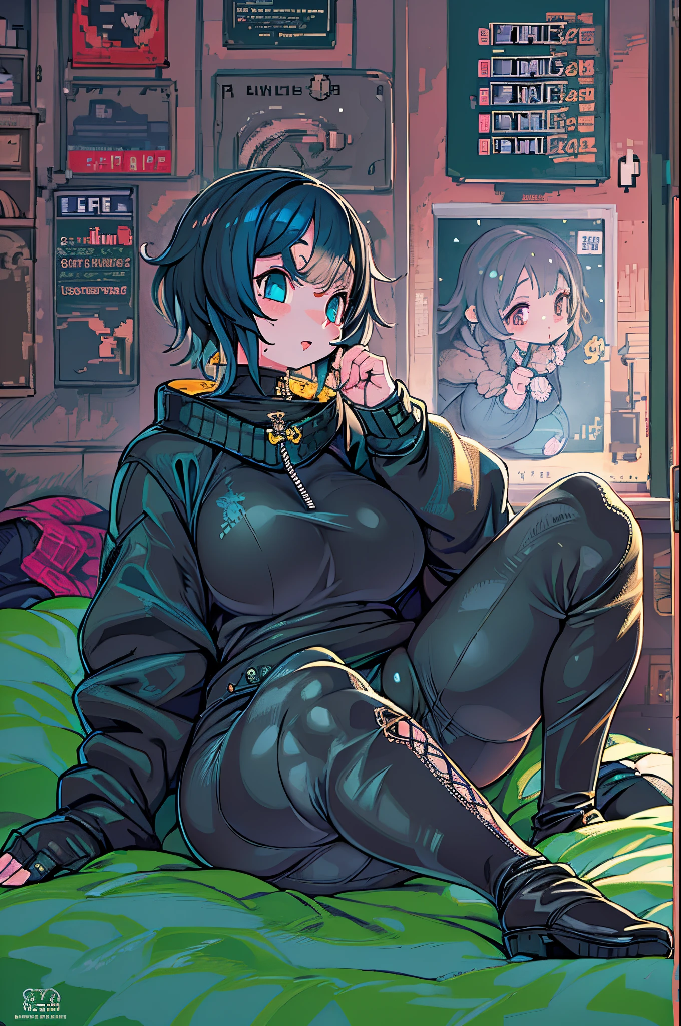(pixel art: 1.2), Beautiful Gothic woman, Sexy Goth Girl, Designer sweatshirt coat with logo, Pants, short black hair with blue tips, Bedroom, Lying in bed, (Isaac Queck: 0.8) [by ilya kuvshinov: 0.65]