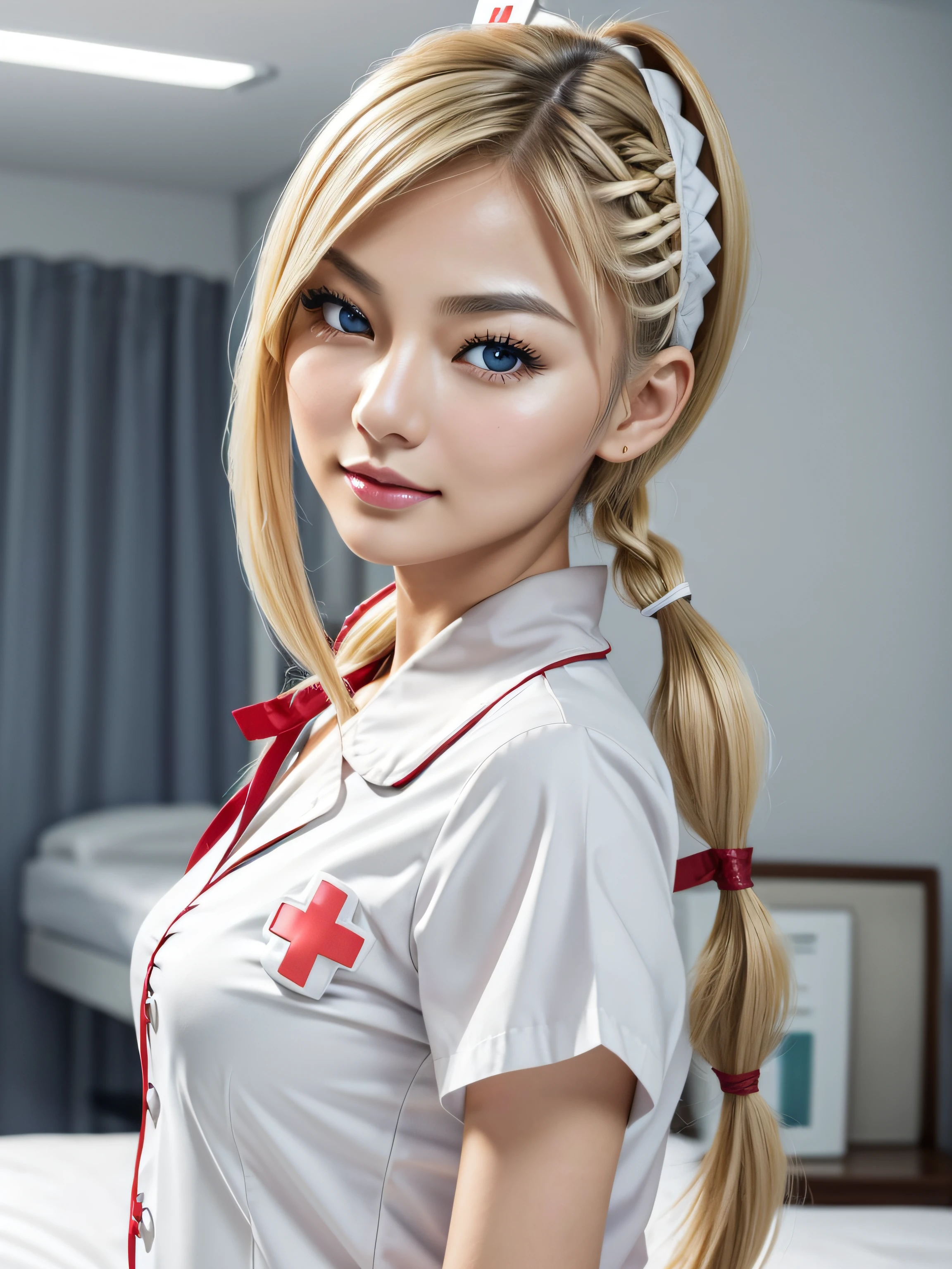 (Masterpiece), (Realistic), (best_quality), (8K), ultra_detailed, UHD, RAW, (beautiful+symmetric+cute+(very cute)+(feminine)+lovely), (petite)+((young))+asian+nurse, clean+tan:1.6+skin, round+Tang_Yan+face_shape, (blonde hair) straight+((blonde))+beautiful+attractive+feminine+(pigtails_braids)+hair, (small)+(arched)+Song_Hye-Kyo+eyebrows, (dark blue eyes) thin_monolid_upturned double_eyelid beautiful symmetric young_Tang_Yan eyes, thin+delicate+most_beautiful+symmetric+beautiful+Morena_Baccarin+nose, big+(round)+beautiful+symmetric+feminine+cute+young_Tang_Yan+cheeks, beautiful+prominent+cheekbones, beautiful+symmetric+feminine+Taylor_Swift+lips, dark_pink+lipstick, rounded+beautiful+feminine+symmetric+jaw, rounded+feminine+symmetric+chin, beautiful+(petite)+symmetric+feminine+body, wearing a sexy (((white) nurse underwear with (red cross))), ((prone position)), most_beautiful_petite_young_asian_woman