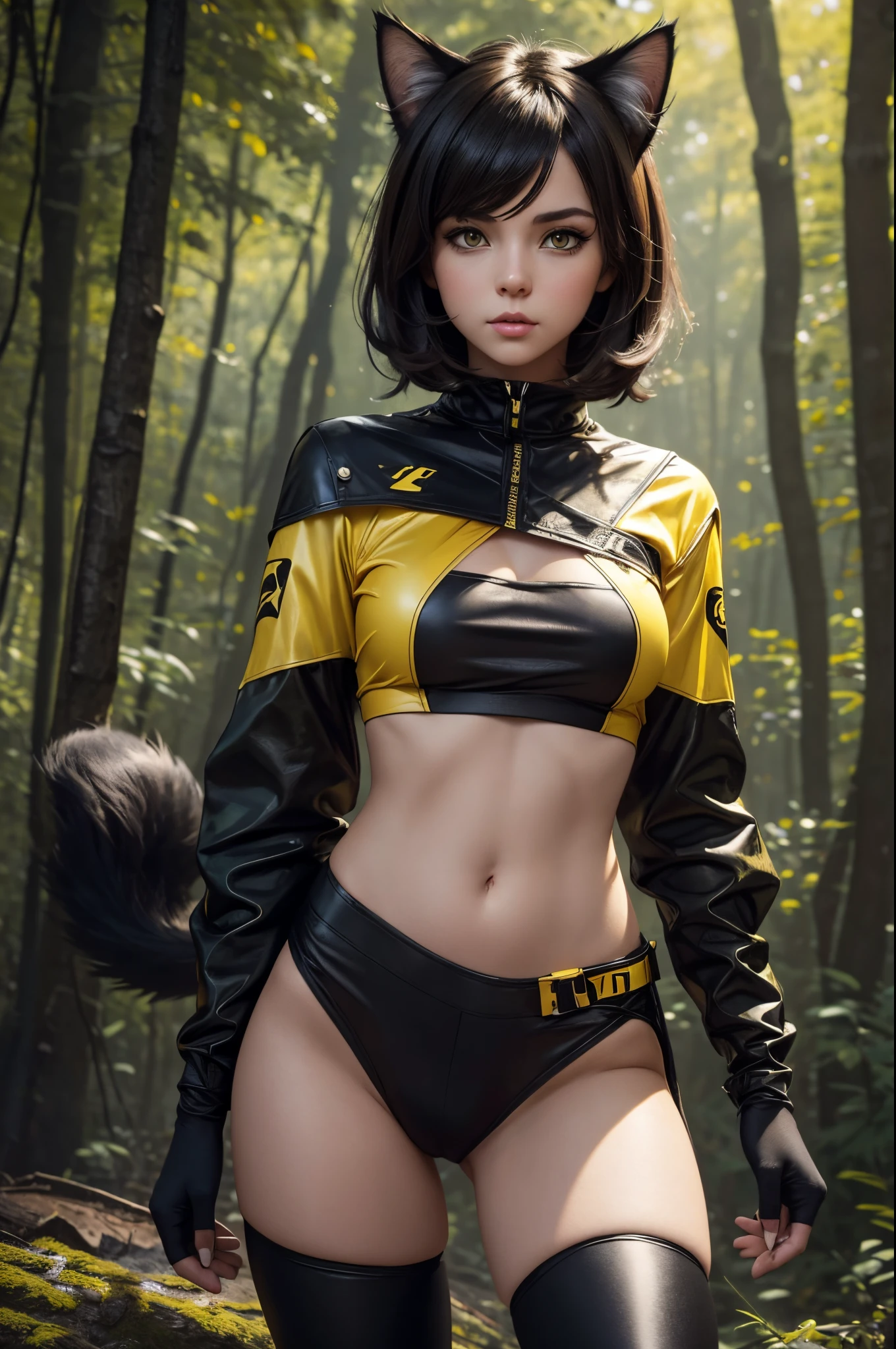 8k,Small-breasted cat girl in black and yellow costume posing for a photo, small breasted cat girl, Attractive cat brown hair girl, Fantasyart, Cat Girl,  wojtek fus, wears a black and yellow exterior, teens girl, Trending on CGSTATION,in woods,