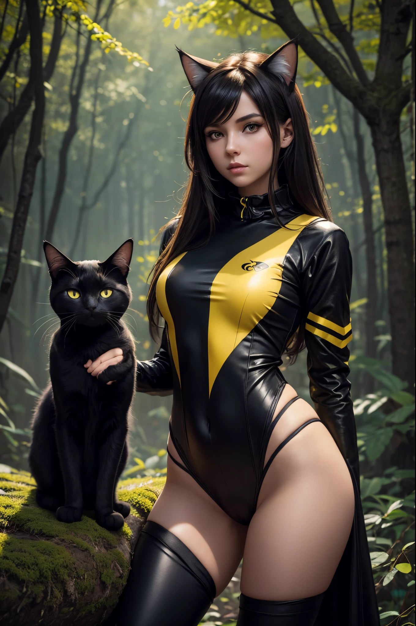 8k,Small-breasted cat girl in black and yellow costume posing for a photo, small breasted cat girl, Attractive cat brown hair girl, Fantasyart, Cat Girl,  wojtek fus, wears a black and yellow exterior, teens girl, Trending on CGSTATION,in woods,