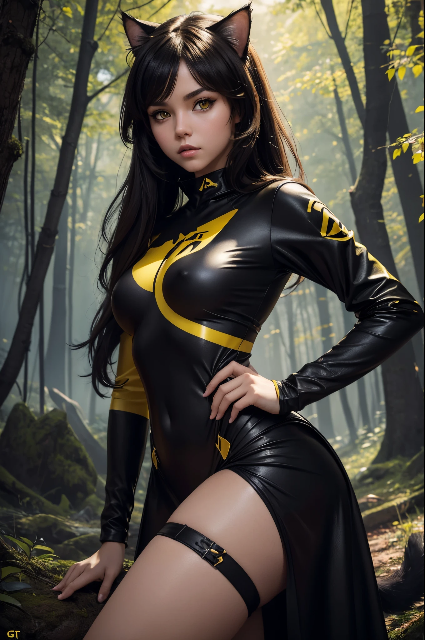 8k,Small-breasted cat girl in black and yellow costume posing for a photo, small breasted cat girl, Attractive cat brown hair girl, Fantasyart, Cat Girl, wojtek fus, wears a black and yellow exterior, s girl, Trending on CGSTATION,in woods,