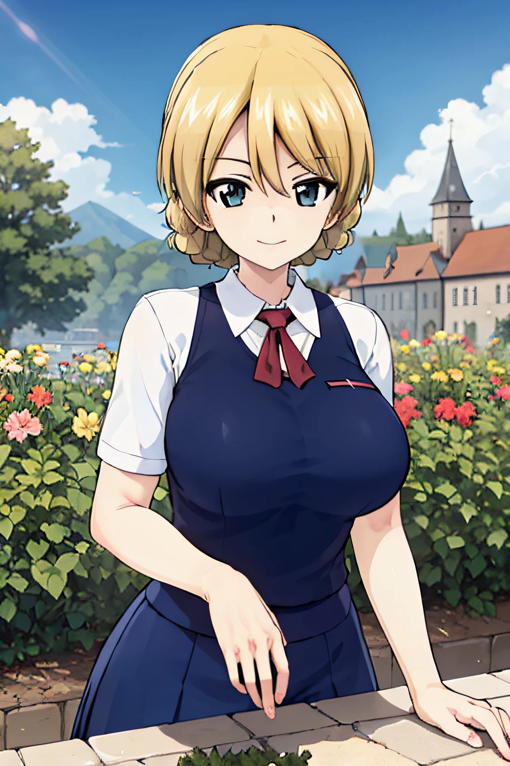 masterpiece, best quality, 1girl, solo, darjeeling \(girls und panzer\), large breasts, st. gloriana's school uniform, blue skirt,elegant,polite, looking at viewer,upper body, outdoors, castle, garden, blue sky, sunlight