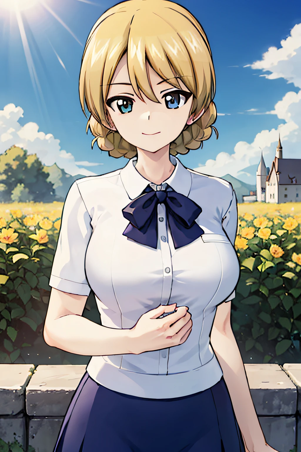 masterpiece, best quality, 1girl, solo, darjeeling \(girls und panzer\), large breasts, st. gloriana's school uniform, blue skirt,elegant,polite, looking at viewer,upper body, outdoors, castle, garden, blue sky, sunlight