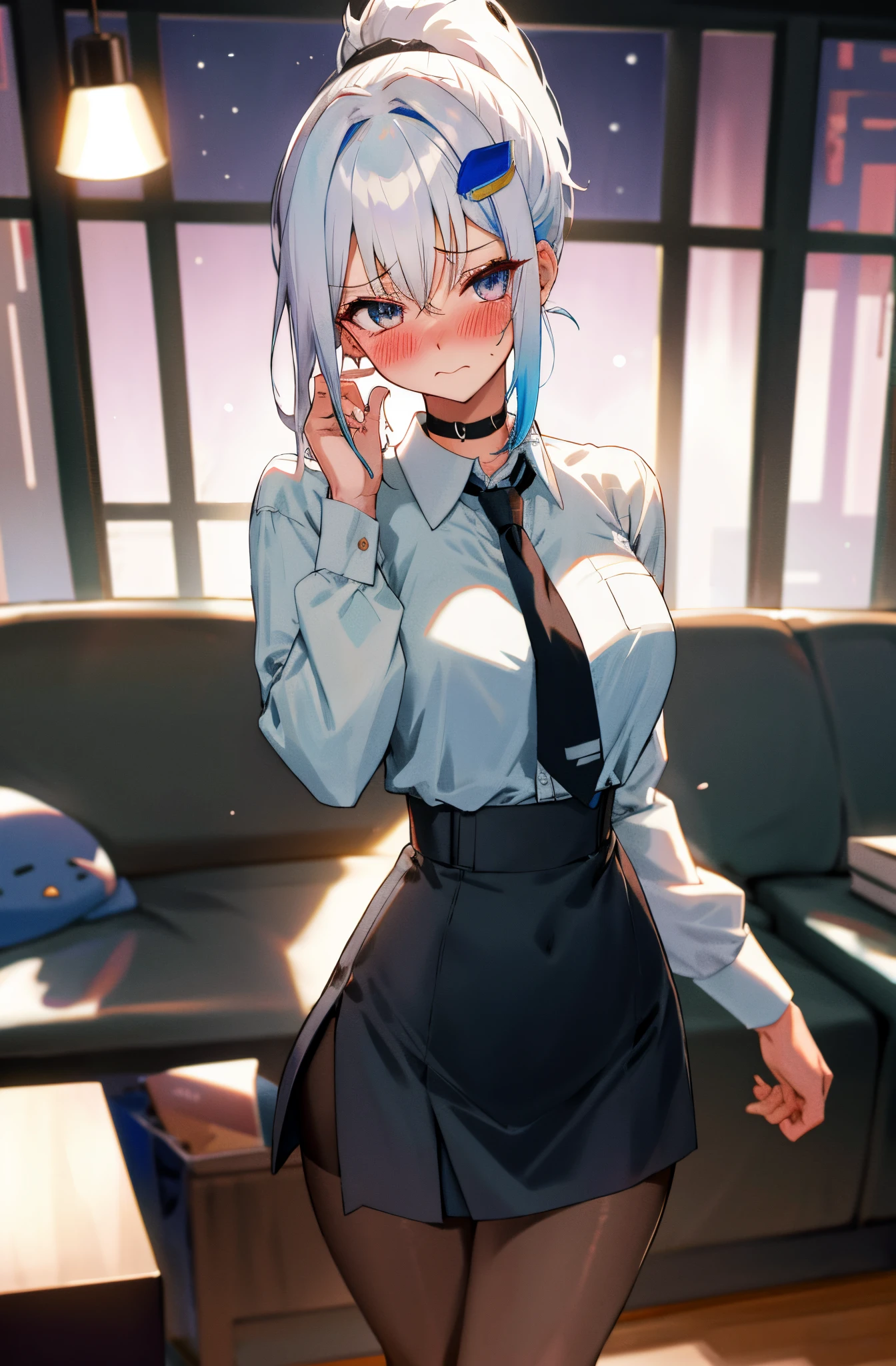 One girl with high ponytail hair, white hair, blue inner hair, looking at viewer, embarrassed, blushing, tears, indoor, living room, white shirts, black necktie, mini skirt, office lady, thigh, slim, dizzy, choker, mid-chest, wide hips, perfect waist, spread legs, night atmosphere, hair ornament, standing, pantyhose, (embarrassed:1.0)