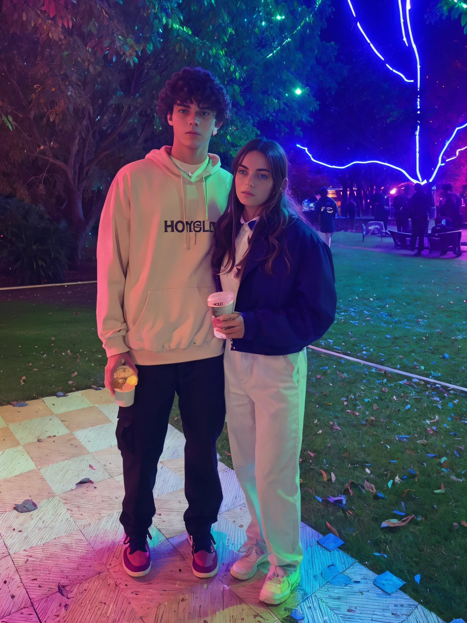 there are two people standing together in a park at night, high school, shot with a camera flash, charli bowater and artgeem, taken in the early 2020s, very very low quality picture, petra collins and mc. escher, photo taken at night, older brother vibes, college party, in front of the house