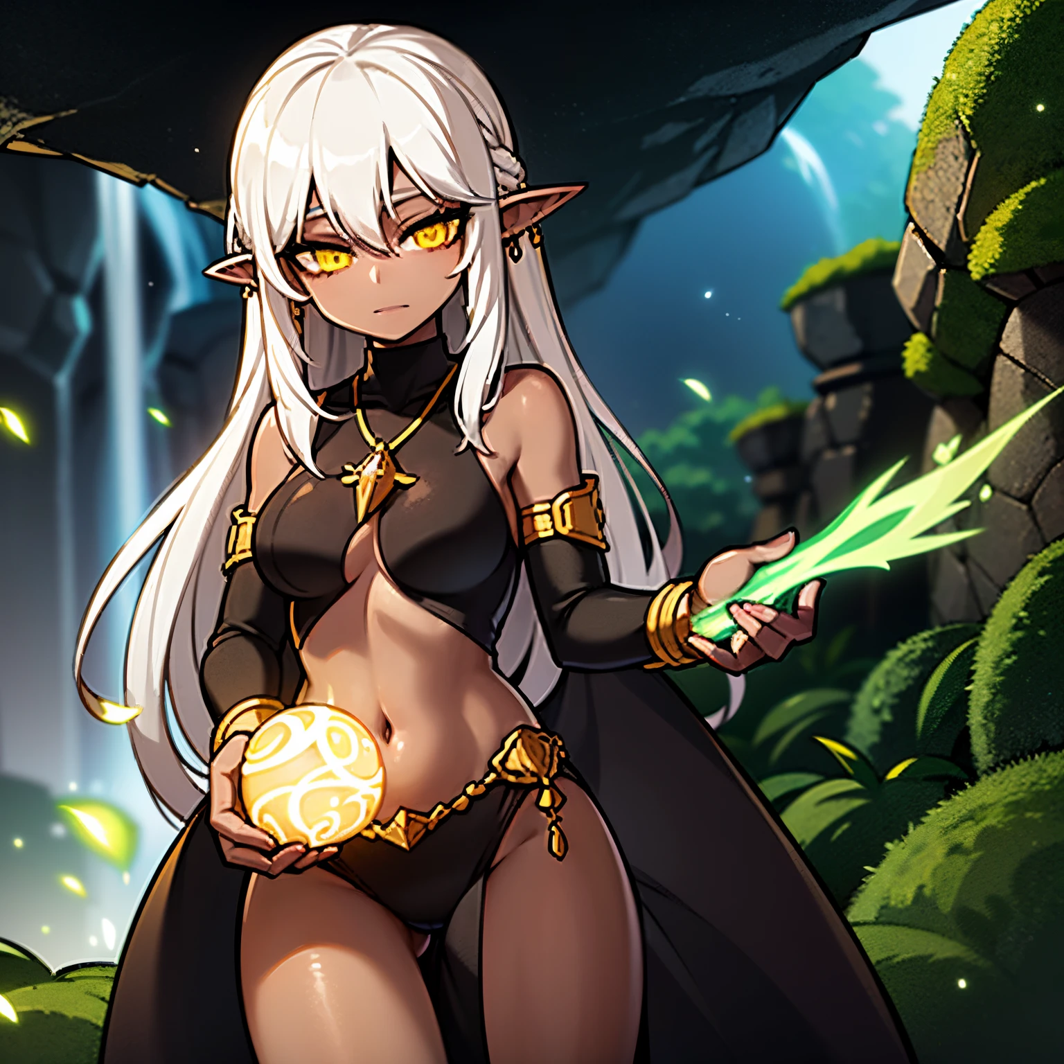 Young woman, elf, yellow, eyes, white hair, black skin, in a cave, iluminated by fireflys, fireflys yellow light, darkest cave, 4k, mastepriece, HD, anime 4k, digital