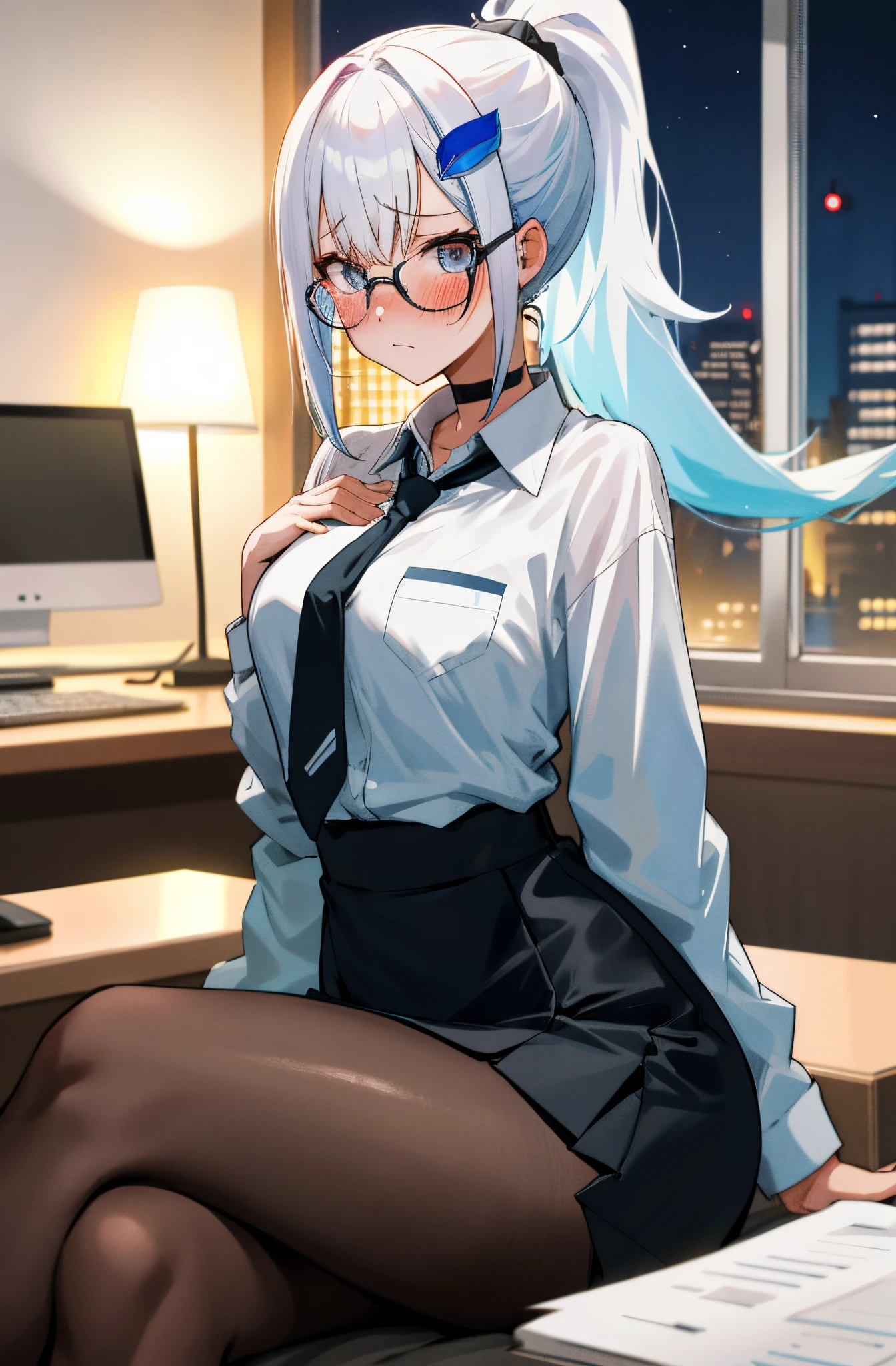 One girl with high ponytail hair, white hair, blue inner hair, looking at viewer, embarrassed, blushing, tears, indoor , office, white shirts, black necktie, mini skirt, office lady, thigh, slim, dizzy, choker, mid-chest, wide hips, perfect waist, spread legs, night atmosphere, hair ornament, sit on, crossed hands, crossed legs, glasses, pantyhose, (embarrassed:1.0)