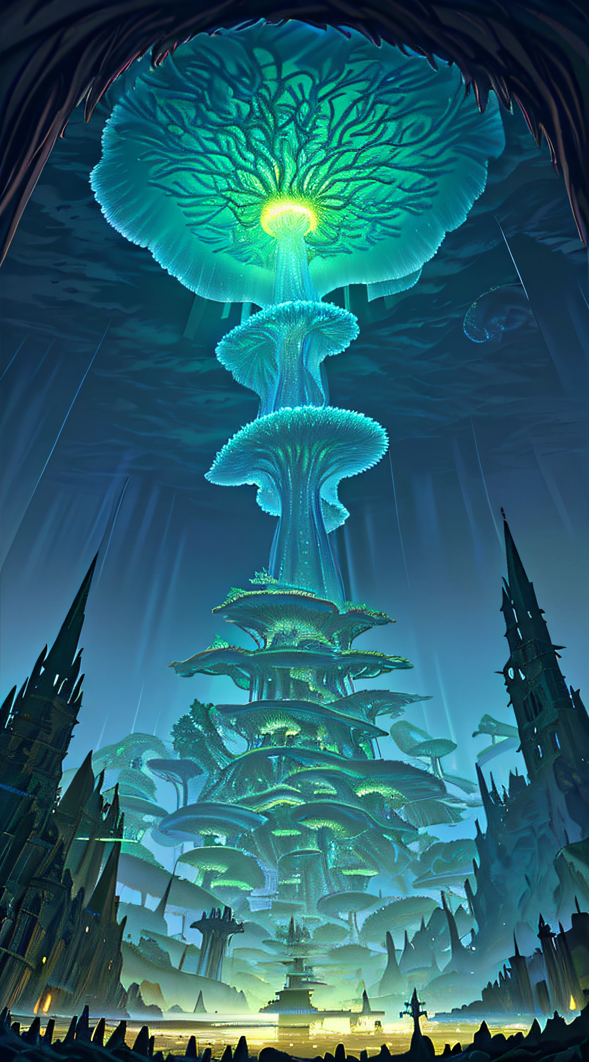 Masterpiece, High Quality, Ocean Forest, City, Fantastic Fantasy, Glowing Plants, Coral Viaduct, (Swarm of Glowing Jellyfish), (Shoal of Fish with Transparent Wings Flying in the Sky), Misty, Extreme Detail, Morning Light, Epic Composition, (Intricate Detail), (Intricate Design, Ultra Detail: 1.2), Art Station, (Masterpiece, Best Quality), Ultra HD, 32k ,castle,relic ,(Underworld),Underground --v 6
