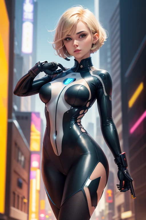 beautiful girl, short blond hair, wearing futuristic body suit, pointing futuristic pistol at viewer, futuristic city, high quality, colorful