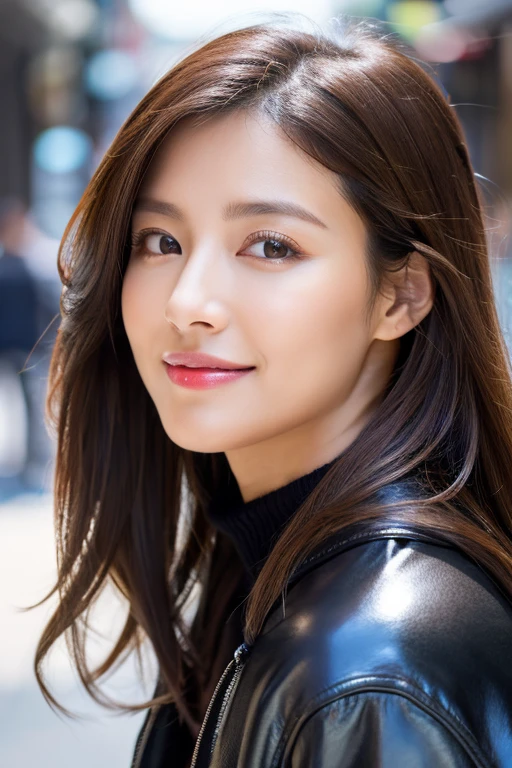 Photorealistic, High resolution, daytime brightness,1womanl, Solo, (Detailed face), Brown hair、Long、Above the chest、⦅shiny black leather jacket⦆、Hyper-realistic、Clean double、Glossy dark red lipstick、Sexy Woman、A Japanese Lady、35 year old、Slim figure、Black knitwear、Clear eyes、clean detailed faces、Clean detailed eyes、street、Lustrous hair、A slight smil、