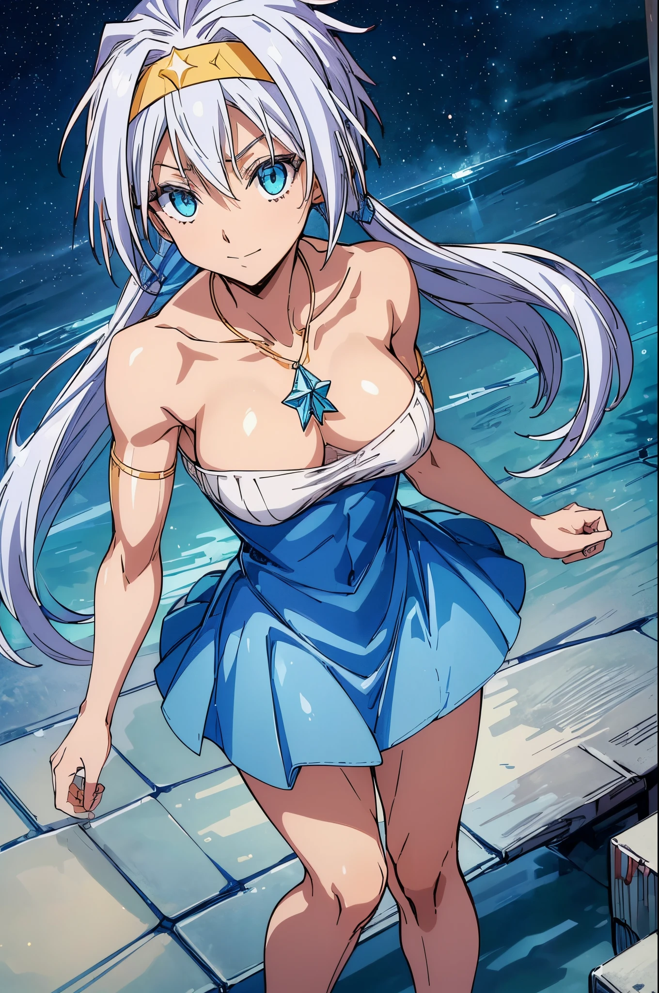 (1 girl), (((Velzard de tensei shitara slime datta ken))), She has fair skin, eyes the color of blue diamonds and long, shiny hair, Pearl White, reaching down to her waist, (((She wears a blue pendant in the shape of a star and a golden headband))), (wears a very short black bikini), large breasts, thin arms, (muscular belly), (((muscular legs))),(standing), thin waist, bare feet and very detailed, beautiful feet and well-shaped toes, (((beach night scene with starry sky and blood moon in the sky))), (hair tied in double ponytails), empty eyes, eyes empty, empty eyes, eye reflection, glowing eyes, bad mood, anime, anime style, ray tracing, cinematic lighting, panorama, Sony FE, UHD, masterpiece, anatomically correct, super detail, high quality, best quality, high resolution, 16k