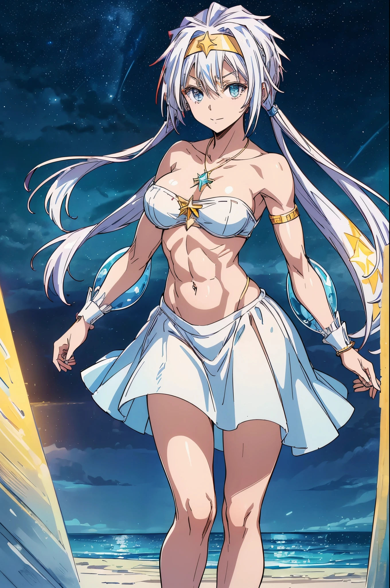 (1 girl), (((Velzard de tensei shitara slime datta ken))), Ela tem pele clara, olhos da cor de diamantes azuis e longos, reluzente, cabelo branco perolado, extending to the waist, She wears a blue star-shaped pendant and a gold headband., (wears a very short black bikini), seios grandes, thin arms, (barriga musculosa), (((pernas musculosas))),(Standing), (sorriso frio), cintura fina, bare feet and very detailed, beautiful feet and well-shaped toes, (foto de corpo inteiro), (((night beach scenery with starry sky and blood moon in the sky))), Caudas duplas, olhos vazios, olhos vazios, olhos vazios, eye reflection, olhos brilhantes, mau humor, anime, estilo anime, ray tracing, Cinematic lighting, panorama, Sony FE, UHD, master part, anatomicamente correto, Super Detalhe, alta qualidade, melhor qualidade, high resolution, 16k