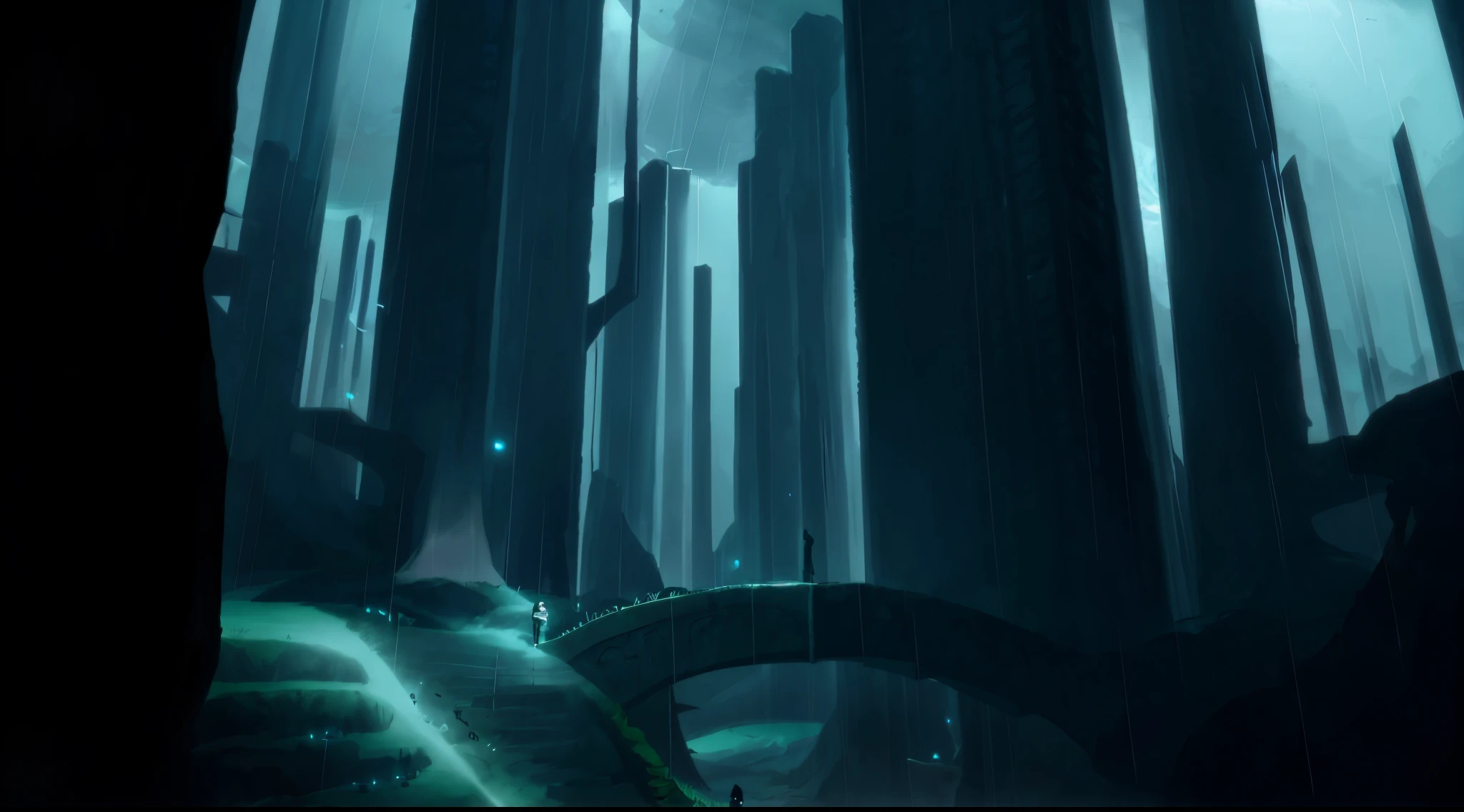 there is a man standing in a dark forest, dramatic lighting. concept art, pristine concept art, concept art stunning atmosphere, environment concept art, futuristic landscape, futuristic valley, stylized concept art, alien forest in background, indie game concept art, 2d concept art, concept art. epic landscape,bridge,rain