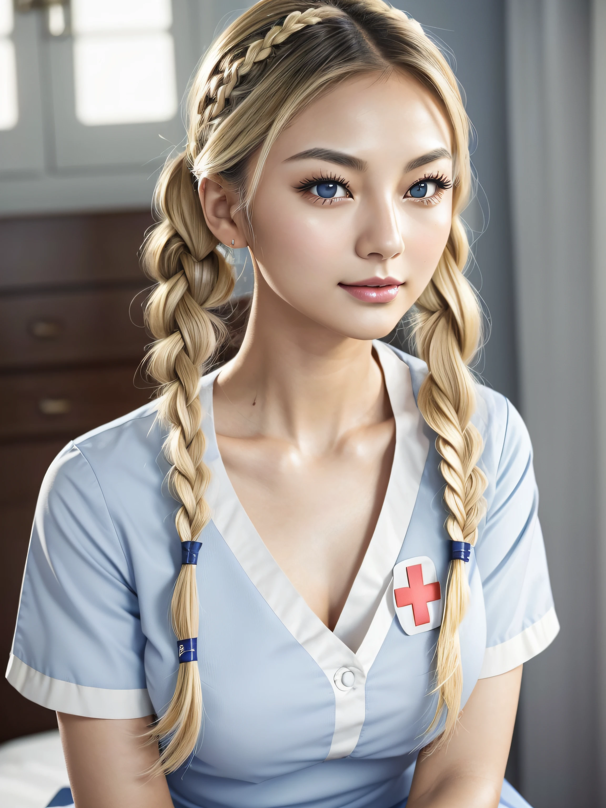 (Masterpiece), (Realistic), (best_quality), (8K), ultra_detailed, UHD, RAW, (beautiful+symmetric+cute+(very cute)+(feminine)+lovely), (petite)+((young))+asian+nurse, clean+tan:1.6+skin, round+Tang_Yan+face_shape, (blonde hair) straight+((blonde))+beautiful+attractive+feminine+(pigtails_braids)+hair, (small)+(arched)+Song_Hye-Kyo+eyebrows, (dark blue eyes) thin_monolid_upturned double_eyelid beautiful symmetric young_Tang_Yan eyes, thin+delicate+most_beautiful+symmetric+beautiful+Morena_Baccarin+nose, big+(round)+beautiful+symmetric+feminine+cute+young_Tang_Yan+cheeks, beautiful+prominent+cheekbones, beautiful+symmetric+feminine+Taylor_Swift+lips, dark_pink+lipstick, rounded+beautiful+feminine+symmetric+jaw, rounded+feminine+symmetric+chin, beautiful+(petite)+symmetric+feminine+body, wearing a sexy (((white) nurse uniform with (red cross))), lying on the hospital bed, smiling_flirting_expression, most_beautiful_petite_young_asian_woman