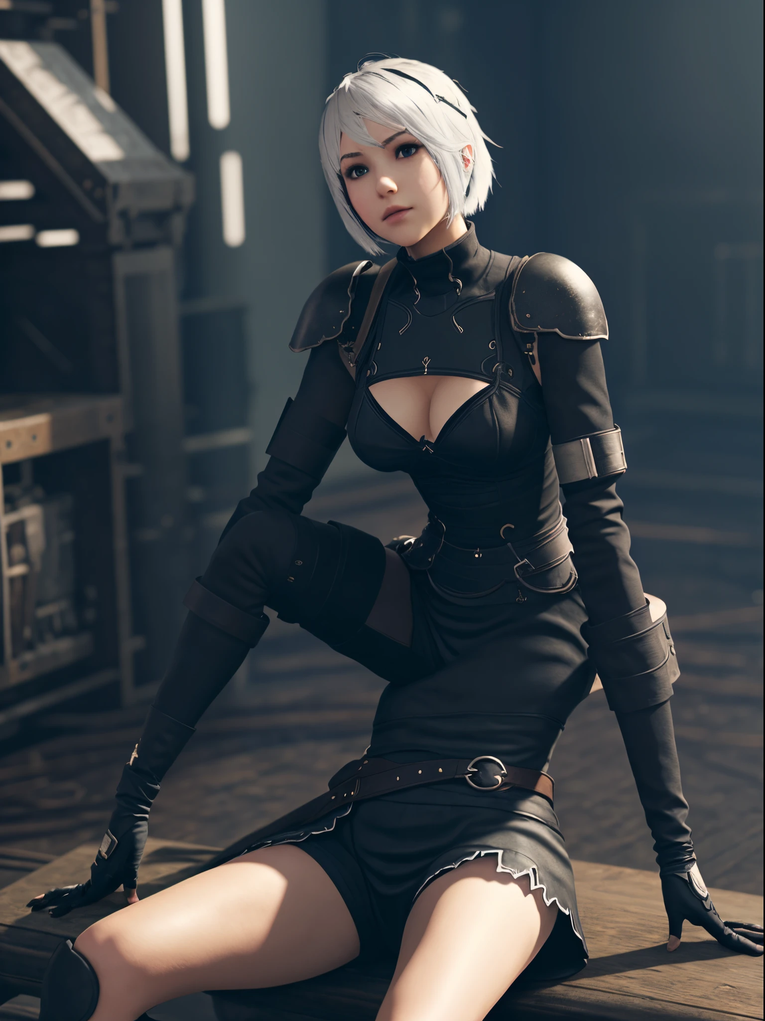 2B from nier automata wearing black gear sitting down