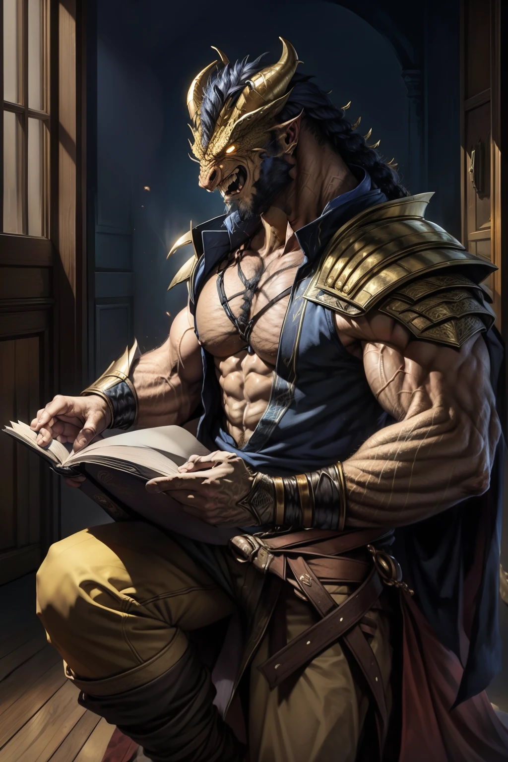 Hokuto no ken kenshiro style Bel ou de l&#39;Enfant de Dragon, seul, yeux jaunes, macho, assis, Accent mis sur les hommes, Cornes, bosseler, dedans, armure, livre, brillant, sourire, shoulder armor, Gantelets, Pauldrons, bougie , ((Master part, Best quality)), muscle