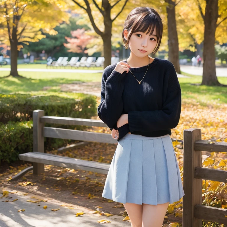1womanl、24 year old、season、autumnal、a park、Shorthair、skirt by the、Photorealsitic