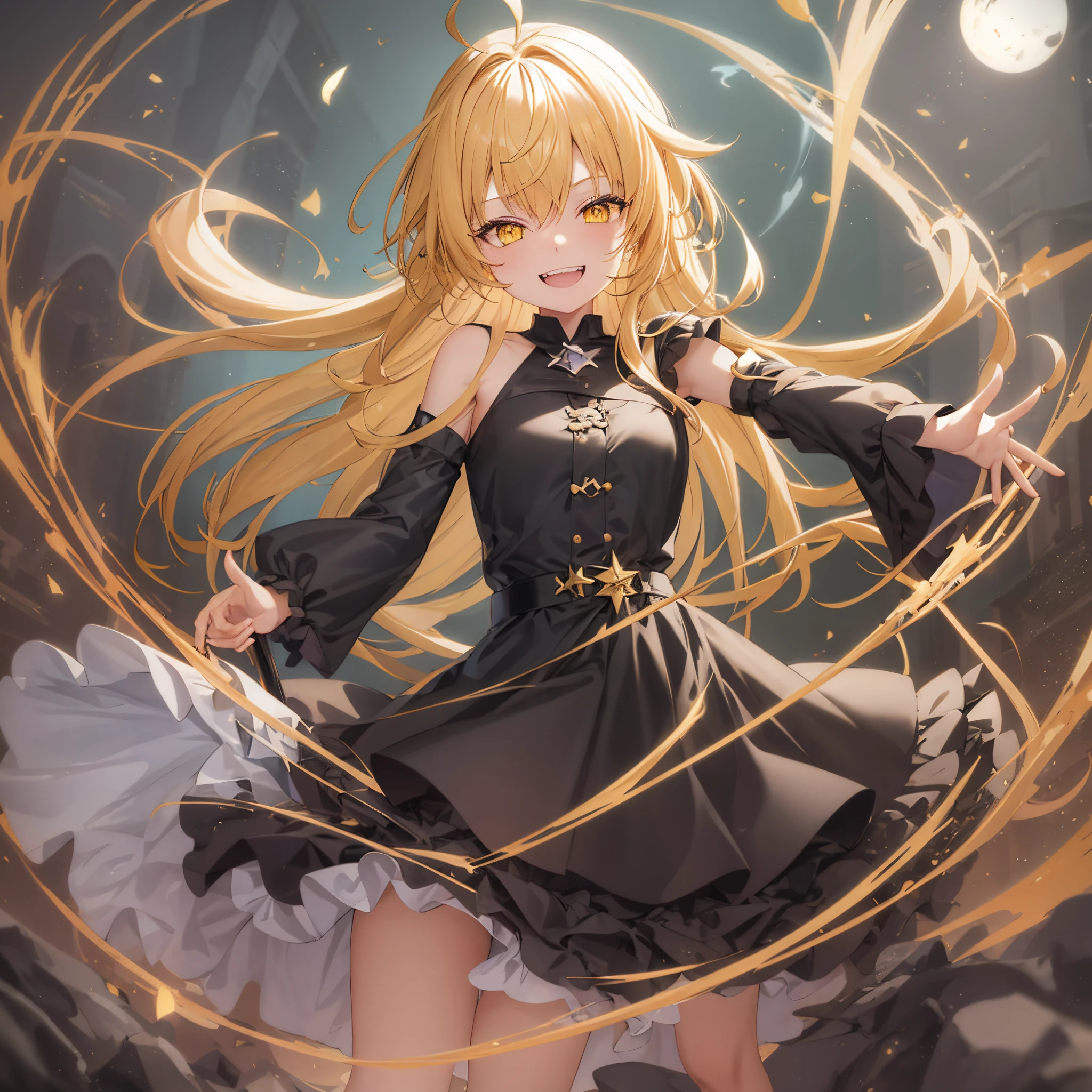 magical 、yellow hair、length hair、Ahoge、yellow eyes,Mad eyes、crazed smile、Smile with your mouth wide open、blackdress、evil magic effects、Equipped with an evil black cane、Front camera work