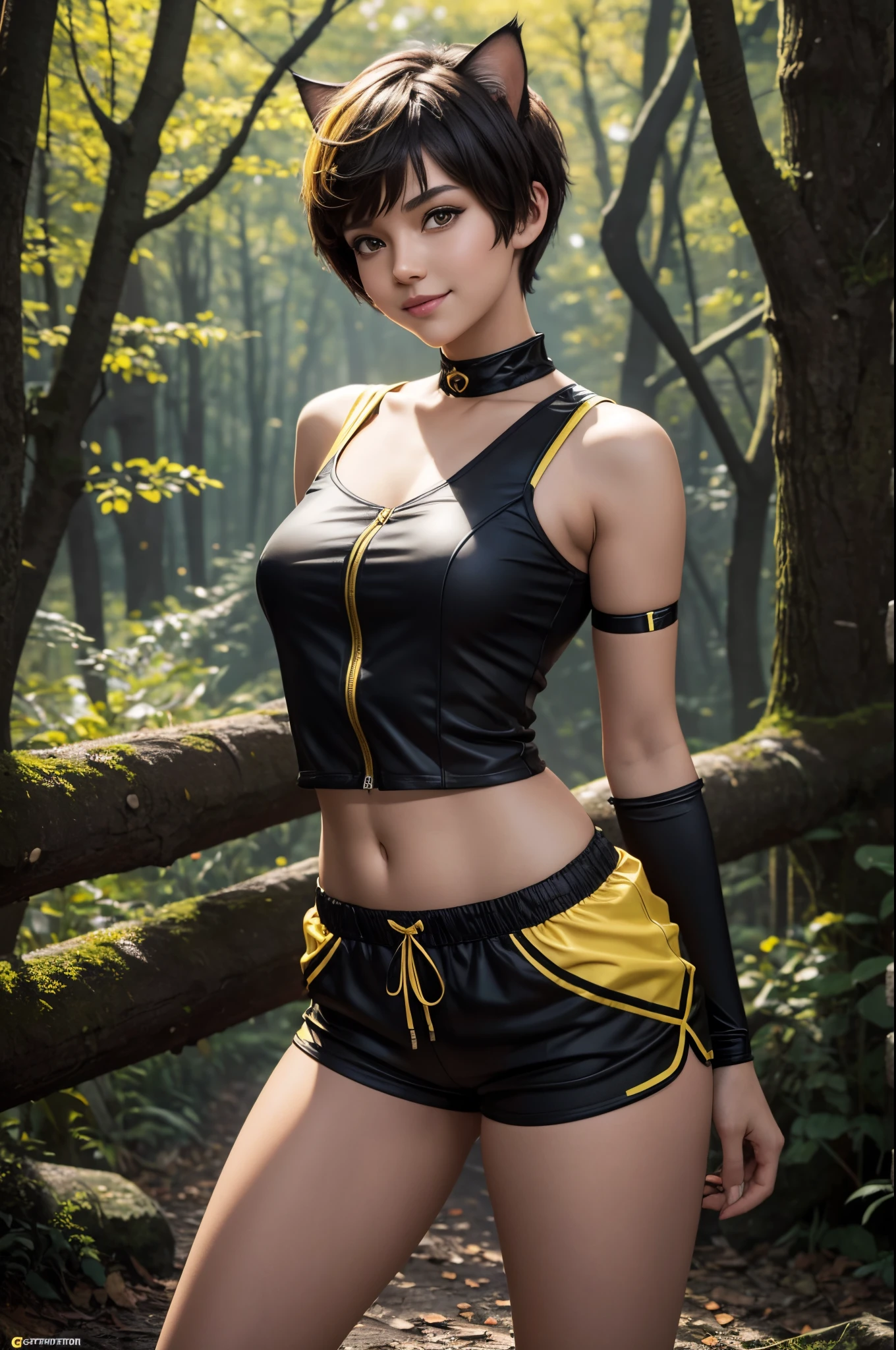 8k,Small-breasted cat girl in black and yellow costume posing for a photo, small breasted cat girl, Attractive light brown short cut hair girl, Fantasyart, cat girl girl, wojtek fus, wears a black and yellow exterior, s girl, Trending on CGSTATION,in woods,Holding a dagger,a smile,Light brown hair shortcut hair,Black and yellow shorts,