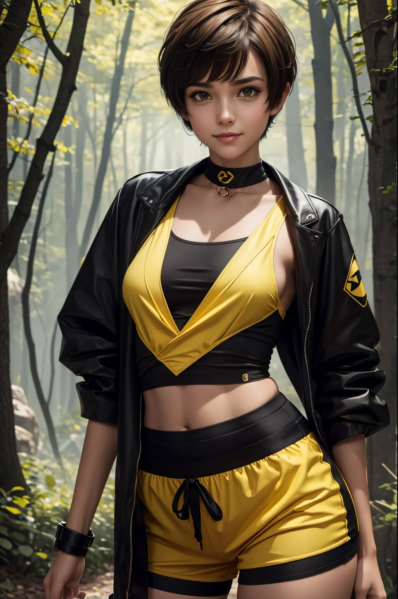 8k,Small-breasted cat girl in black and yellow costume posing for a photo, small breasted cat girl, Attractive light brown short cut hair girl, Fantasyart, cat girl girl, wojtek fus, wears a black and yellow exterior, teens girl, Trending on CGSTATION,in woods,Holding a dagger,a smile,Light brown hair shortcut hair,Black and yellow shorts,