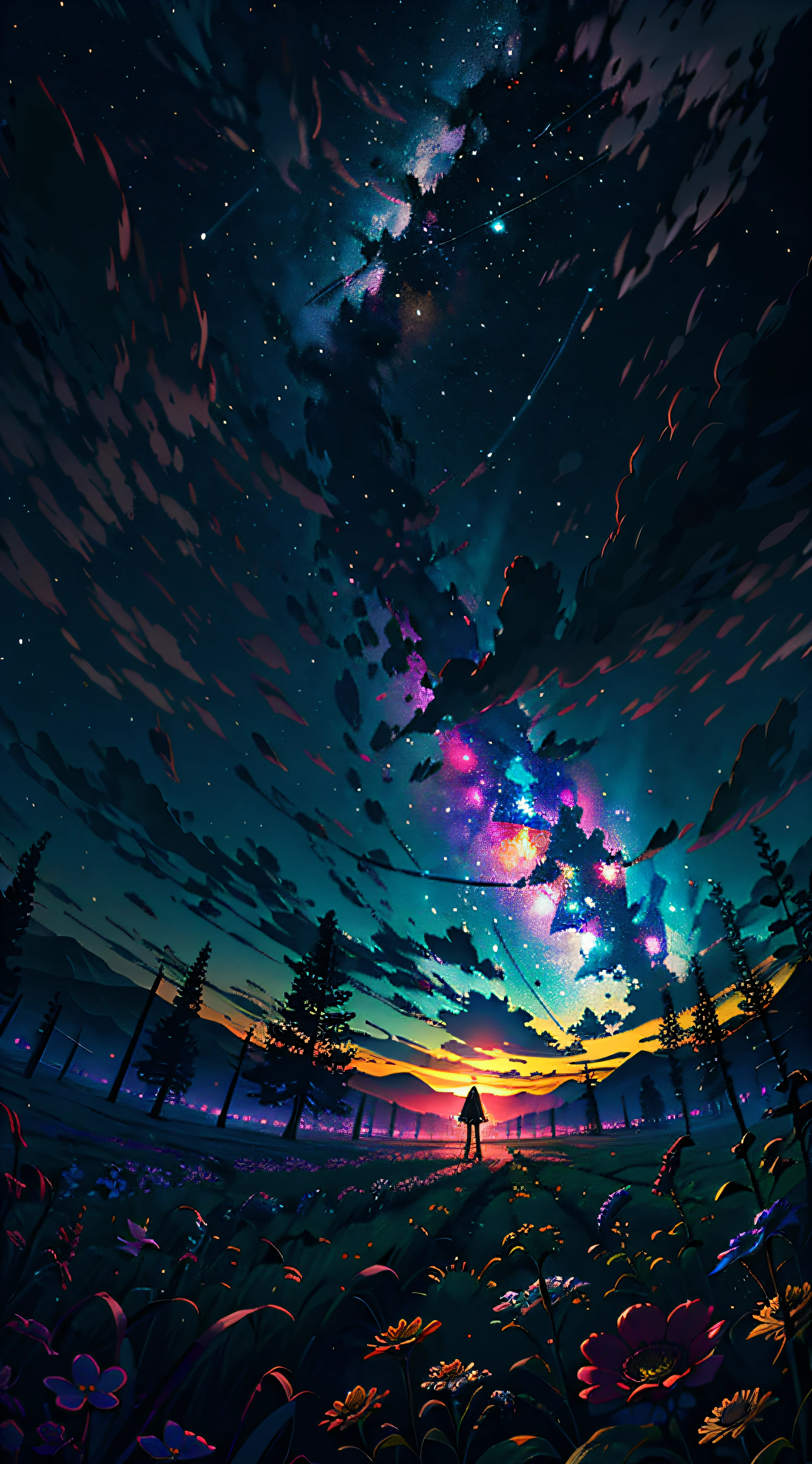 A wide landscape photo, (viewed from below, the sky is above, and the open field is below), a girl standing on a flower field looking up, (full moon: 1.2), (meteor: 0.9), (nebula: 1.3), distant mountains , Trees BREAK Crafting Art, (Warm Light: 1.2), (Firefly: 1.2), Lights, Lots of Purple and Orange, Intricate Details, Volumetric Lighting BREAK (Masterpiece: 1.2), (Best Quality), 4k, Ultra Detailed, (Dynamic Composition: 1.4), Rich in Detail and Color, (Rainbow Color: 1.2), (Glow, Atmospheric Lighting), Dreamy, Magical, (Solo: 1.2)