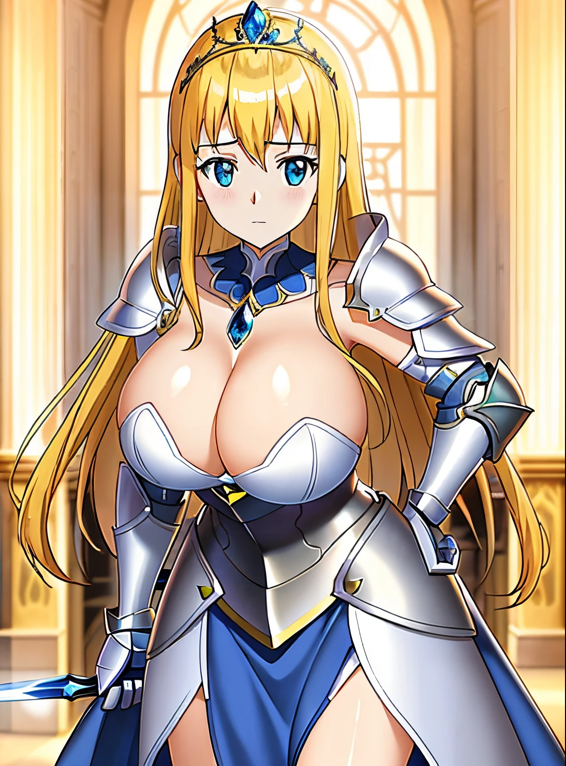A girl in a white dress and gloves stands with a sword, a blonde girl, knights of zodiac girl, portrait knights of zodiac girl, In shining sapphire armor, oppai, huge tit, with large breasts, seductive princess knight, Dressed in light armor, Dress Armor Girl, Princess Knight, Shiny sapphire armor, Glossy sapphire armor, princess intergalactica, Crystal Sapphire Armor, Sapphire Princess, Sapphire reflective armor, smooth anime cg art, Sapphire armor, High Quality Anime Art Style
