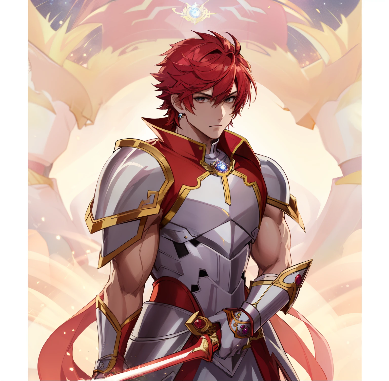 Anime boy in white dress with red hair and sword, Knight of Zodiac Boy, Portrait Knight of Zodiac Boy, Galactic Prince, drawn in the style of artgerm, Muscular men, masculine and muscular, Dress Armor Boy, In ruby armor, Enchanting Prince Night, Commission for high resolution, detailed fan art, Prince of Ruby,