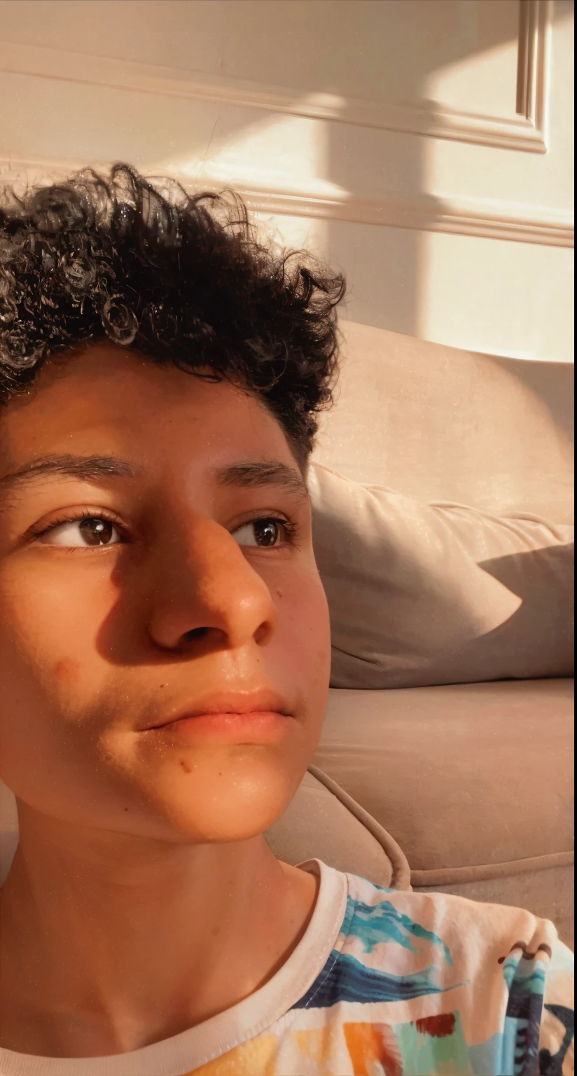 there is a young boy sitting on a couch with a remote control, face is brightly lit, light falling on face, boy with neutral face, perfectly lit face, looking defiantly at the camera, nice afternoon lighting, sunlight filtering through skin, profile pic, with the sun shining on it, afternoon sunlight, woman's face looking off camera, afternoon sun