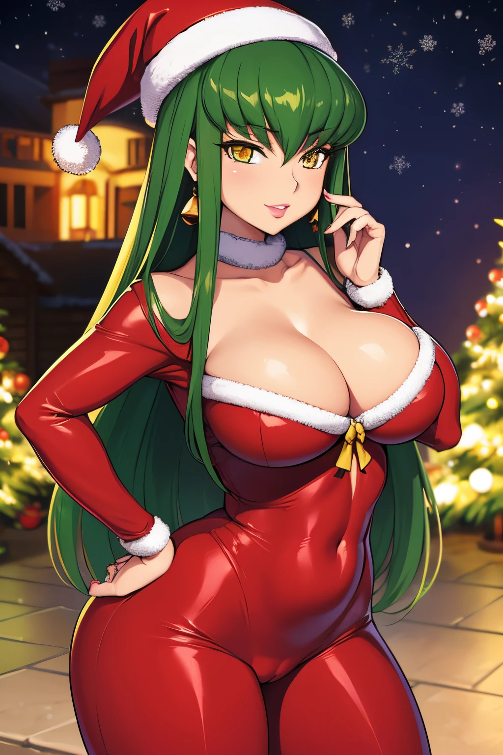 Masterpiece, high resolution, Code Geass, C.C, 1girl, (((bimbo))), long green hair, yellow eyes, ear rings, puffy lips, painted lips, thick lips, wide hips, thick thighs, small round breast, huge ass, revealing cleavage, erotic, erotic Smile face, bubble butt, camel toe, Breasts, Christmas, Christmas outfit, Christmas pant’s, Christmas top, ass posing,