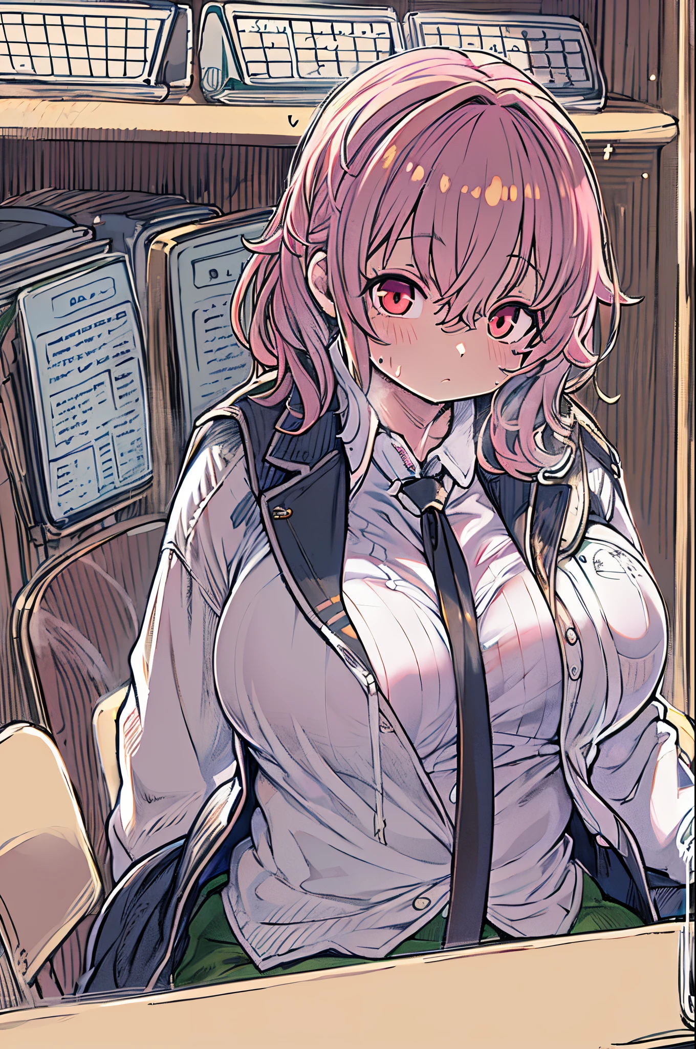 Kyokod, 1girl in, neck tie, Solo, Jacket, Shirt, Looking at Viewer, Long sleeves, White shirt, Collared shirt, sit a chair, crass room, Pink blood,