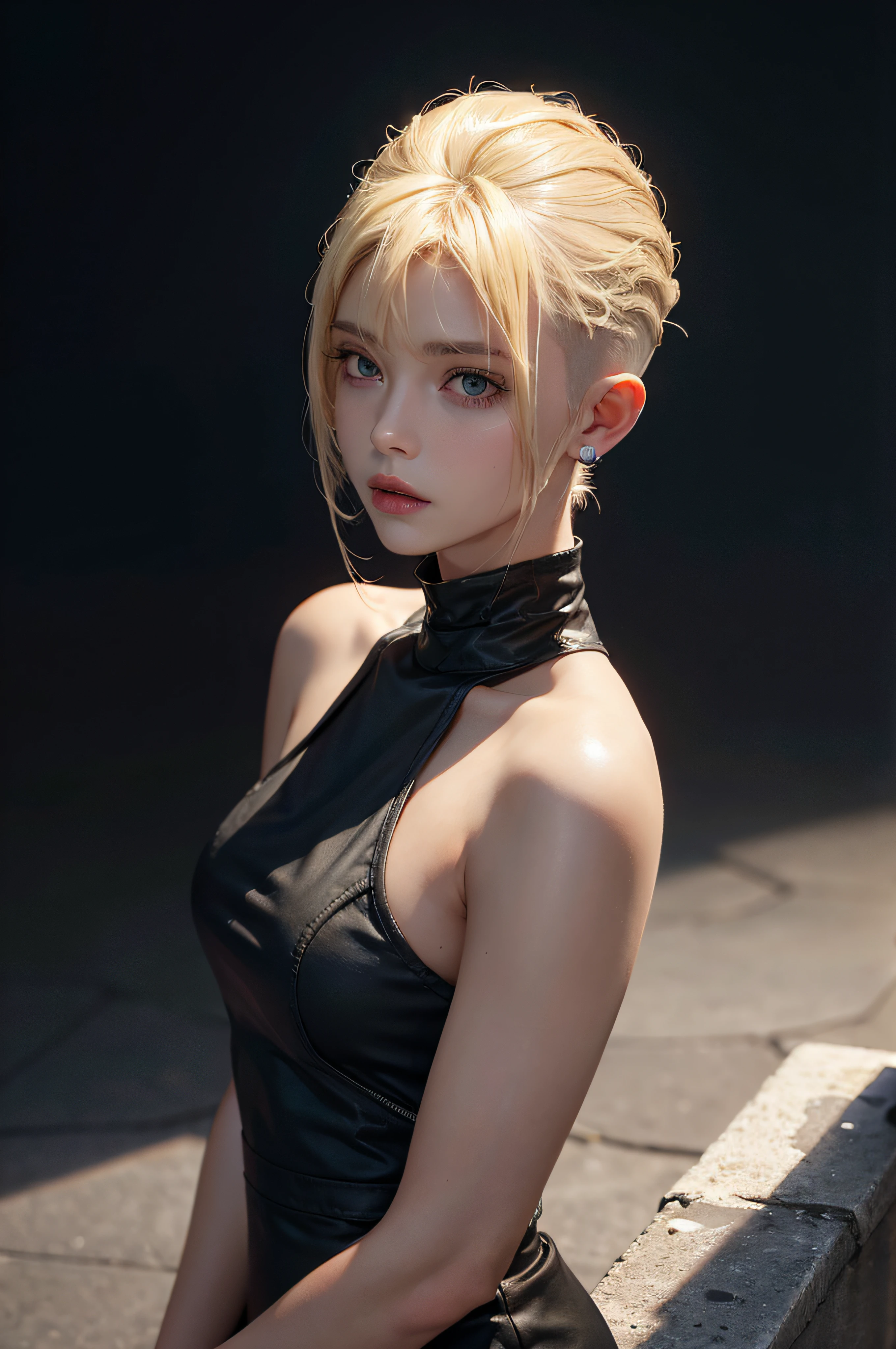 a 20 yo woman, blonde, (hi-top fade:1.3), dark theme, soothing tones, muted colors, high contrast, (natural skin texture, hyperrealism, soft light, sharp)