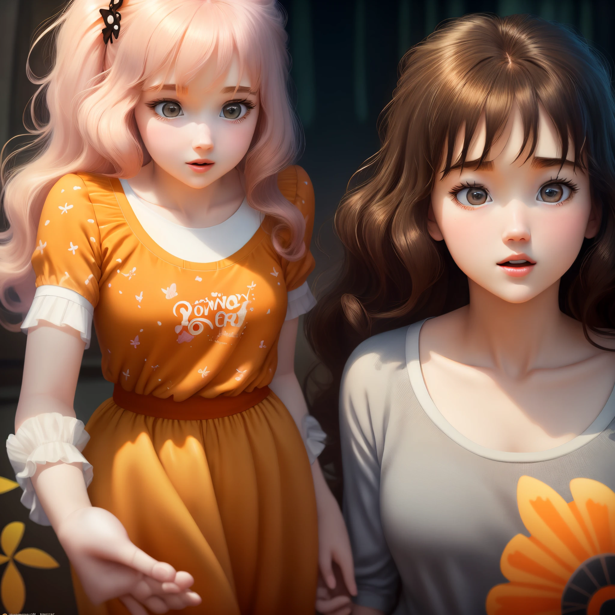 Disney pixar inspired movie posters, the main character is a sweet girl with white pale skin, thin almond honey eyes, pink mouth rosy cheeks, long black wavy fluffy hair with bangs wearing a beautiful butterfly orange and black cut shirt and a grey trouser, the movie titled SNOWn printed, distinct pixar scene