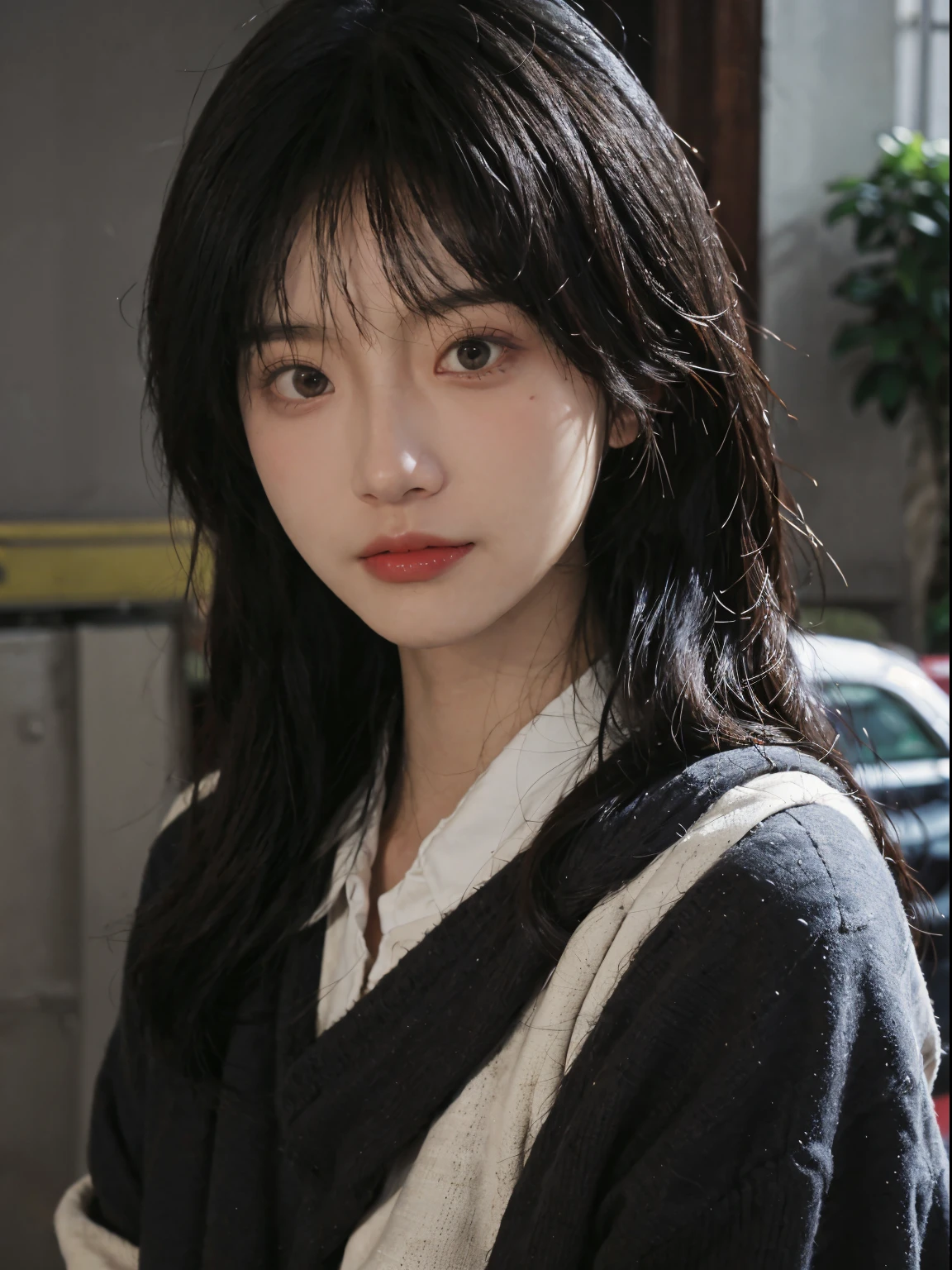Best quality at best， 超高分辨率， （realistically：1.4）， A woman with long black hair and a gray sweater, mid view, JK school uniform，under a ray of sunshine，She has black hair，through bangs, young lovely Korean faces, Cute Korean face, Urzans, Shin Jinying, beautiful aesthetic face, Korean facial features, Played by Liu Li Zhien ，beautiful realistic face