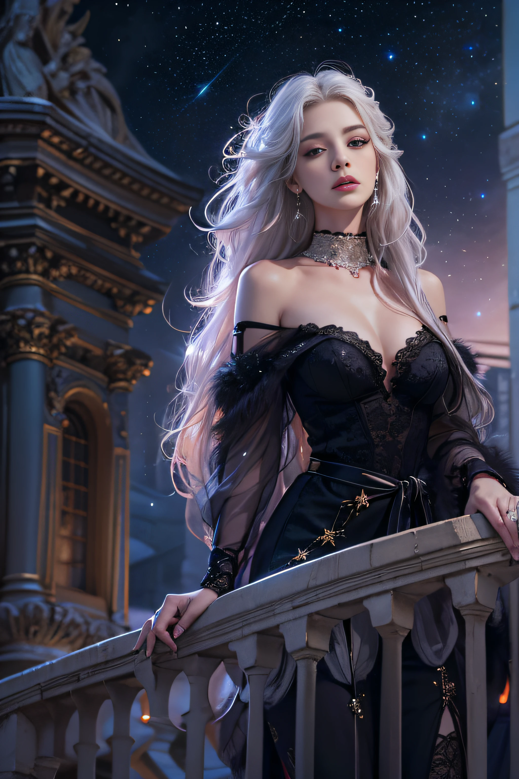 (Woman standing on balcony of palace)Portrait photo of a girl, Photorealistic, High resolution, 1 Women, Solo, waist-up, Beautiful eyes, Close lips, Detailed face, White hair, Long hair, (off shoulder black lace long dress) ,(There is a slit up to the waist.),Fur coat, Stockings,(night sky full of stars)