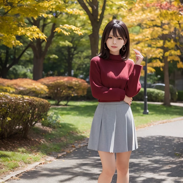 (Perfect Anatomy)1 woman、24 year old、season、autumnal、a park、Shorthair、skirt by the、Photorealsitic、Yoshiko Akishino