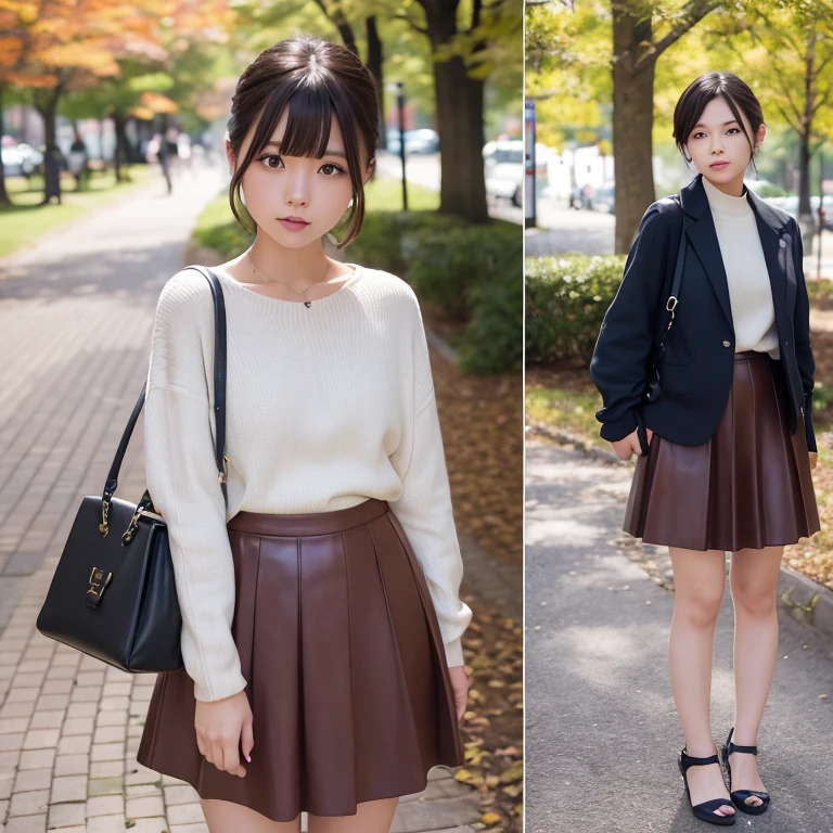 (Perfect Anatomy)1 woman、24 year old、season、autumnal、a park、Shorthair、skirt by the、Photorealsitic、Yoshiko Akishino