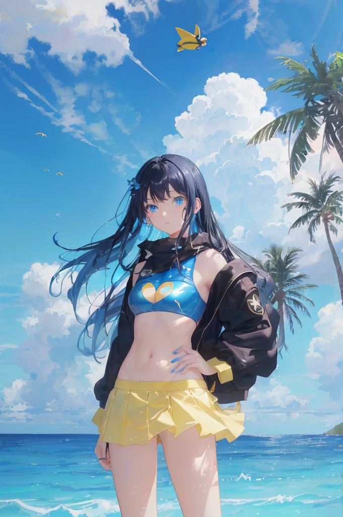 art by Cornflower, dreamy, (A beautiful, teenaged, anime-style girl with blue eyes and long, black hair, wearing a pale yellow, shiny, long-sleeved, open-chest, long skirt swimming suit with a pink, white, and yellow, heart on it is posing with her hands on her hips, in front of a beach and a bright, blue sky with clouds in it, there are palm trees in the background on both sides of the picture, and there are lots of blue and yellow fish swimming in the ocean, and there is a police helicopter with lights on it flying over the girl)