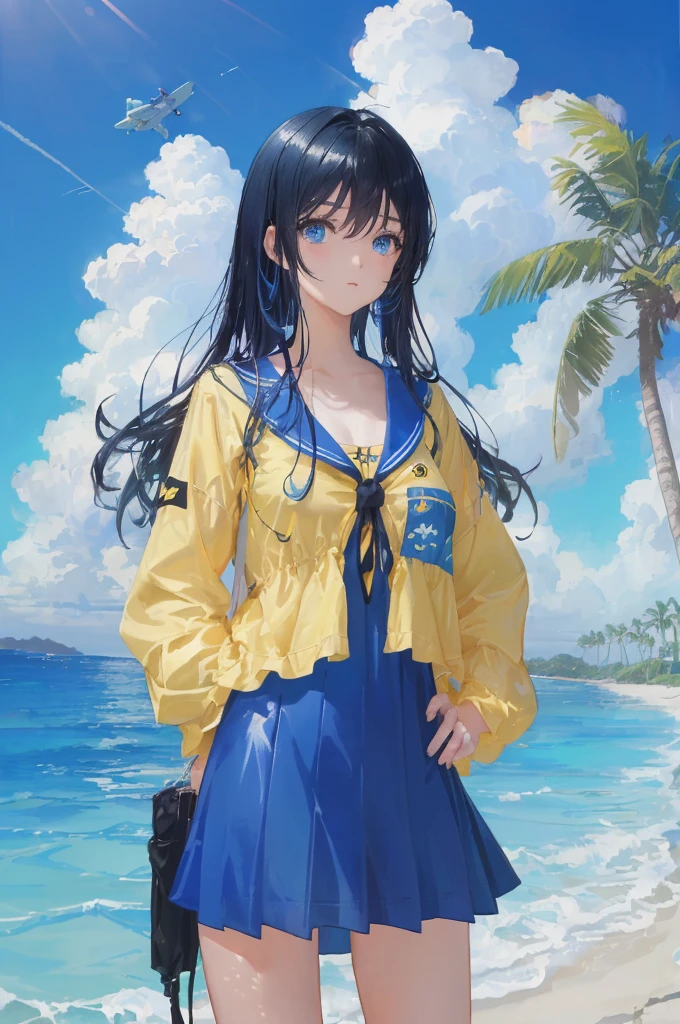 art by Cornflower, dreamy, (A beautiful, teenaged, anime-style girl with blue eyes and long, black hair, wearing a pale yellow, shiny, long-sleeved, open-chest, long skirt swimming suit with a pink, white, and yellow, heart on it is posing with her hands on her hips, in front of a beach and a bright, blue sky with clouds in it, there are palm trees in the background on both sides of the picture, and there are lots of blue and yellow fish swimming in the ocean, and there is a police helicopter with lights on it flying over the girl)