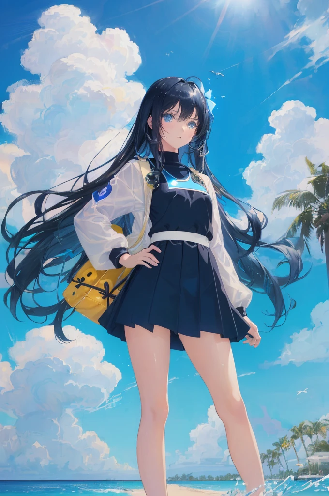 art by Cornflower, dreamy, (A beautiful, teenaged, anime-style girl with blue eyes and long, black hair, wearing a pale yellow, shiny, long-sleeved, open-chest, long skirt swimming suit with a pink, white, and yellow, heart on it is posing with her hands on her hips, in front of a beach and a bright, blue sky with clouds in it, there are palm trees in the background on both sides of the picture, and there are lots of blue and yellow fish swimming in the ocean, and there is a police helicopter with lights on it flying over the girl)