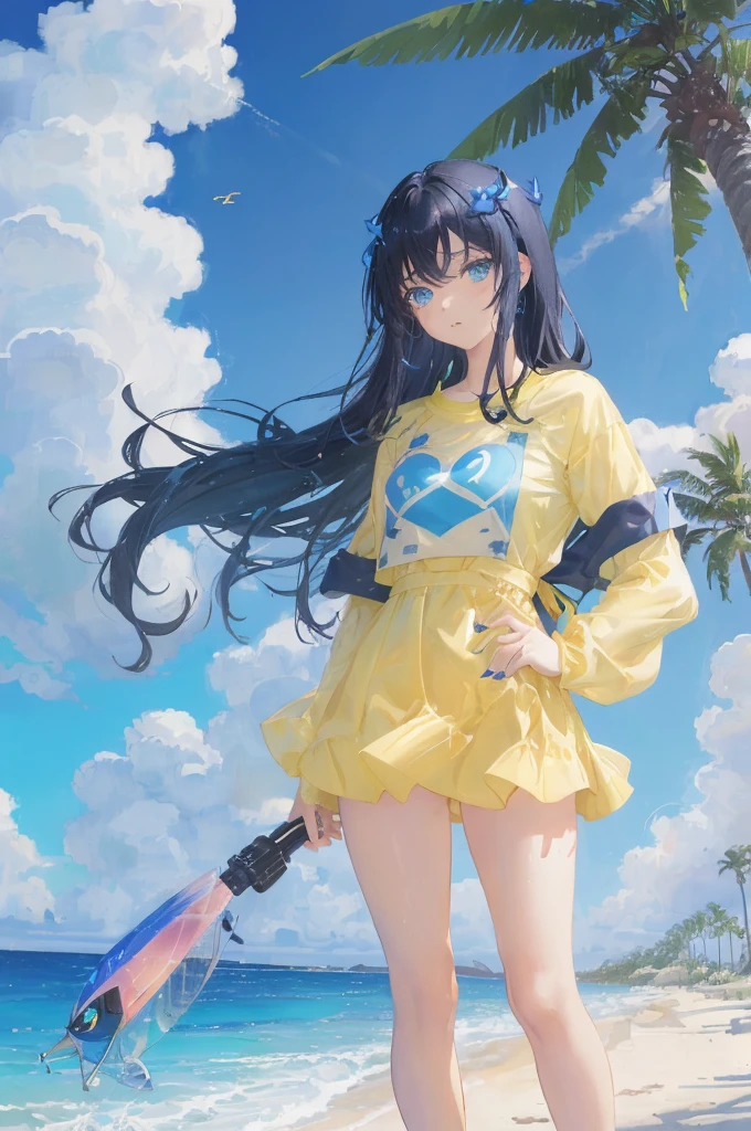 art by Cornflower, dreamy, (A beautiful, aged, anime-style girl with blue eyes and long, black hair, wearing a pale yellow, shiny, long-sleeved, open-chest, long skirt swimming suit with a pink, white, and yellow, heart on it is posing with her hands on her hips, in front of a beach and a bright, blue sky with clouds in it, there are palm trees in the background on both sides of the picture, and there are lots of blue and yellow fish swimming in the ocean, and there is a police helicopter with lights on it flying over the girl)