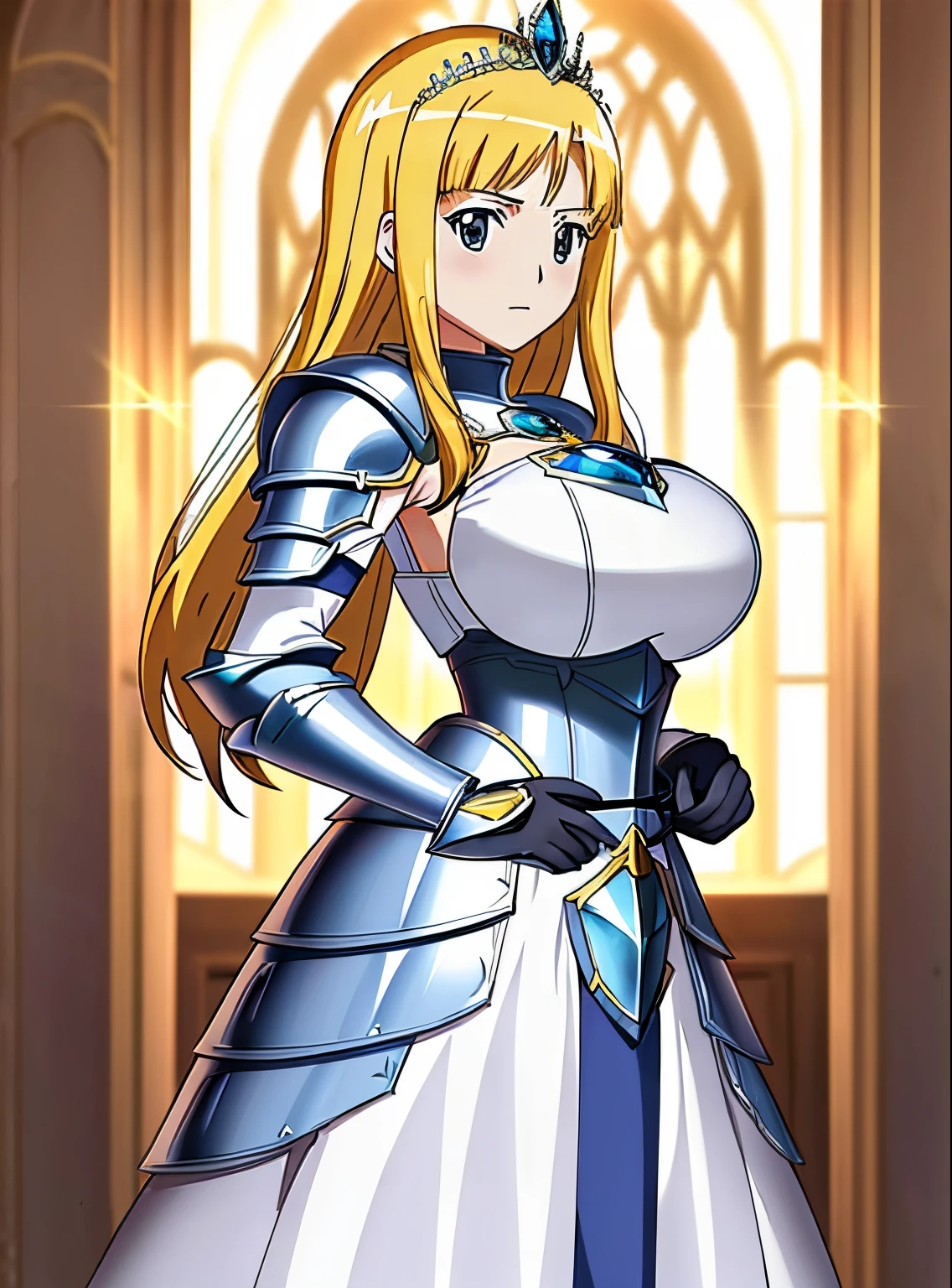 A girl in a white dress and gloves stands with a sword, a blonde girl, knights of zodiac girl, portrait knights of zodiac girl, In shining sapphire armor, oppai, huge tit, with large breasts, seductive princess knight, Dressed in light armor, Dress Armor Girl, Princess Knight, Shiny sapphire armor, Glossy sapphire armor, princess intergalactica, Crystal Sapphire Armor, Sapphire Princess, Sapphire reflective armor, smooth anime cg art, Sapphire armor, High Quality Anime Art Style