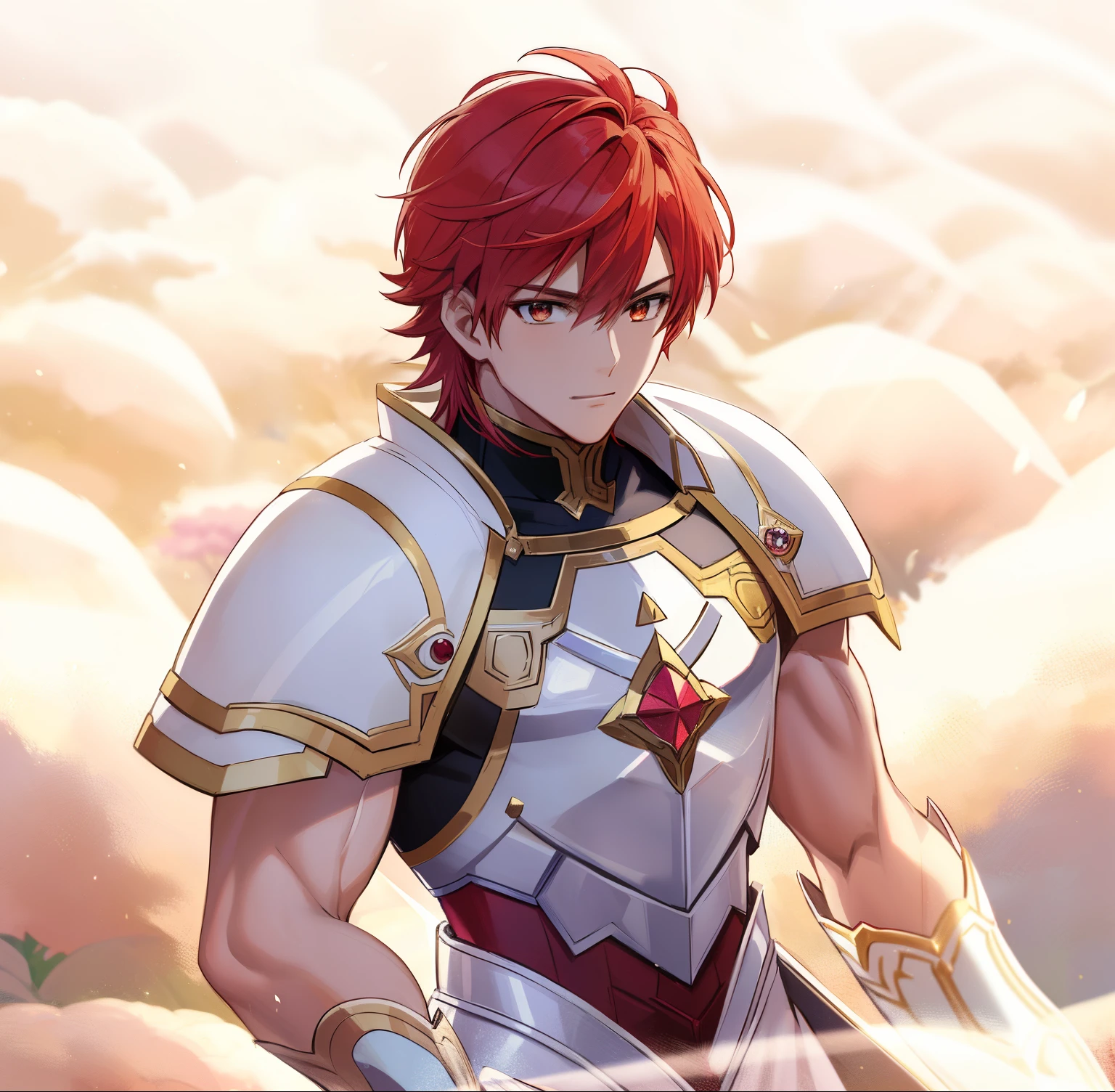 Anime boy in white dress with red hair and sword, Knight of Zodiac Boy, Portrait Knight of Zodiac Boy, Galactic Prince, drawn in the style of artgerm, Muscular men, masculine and muscular, Dress Armor Boy, In ruby armor, Enchanting Prince Night, Commission for high resolution, detailed fan art, Prince of Ruby,