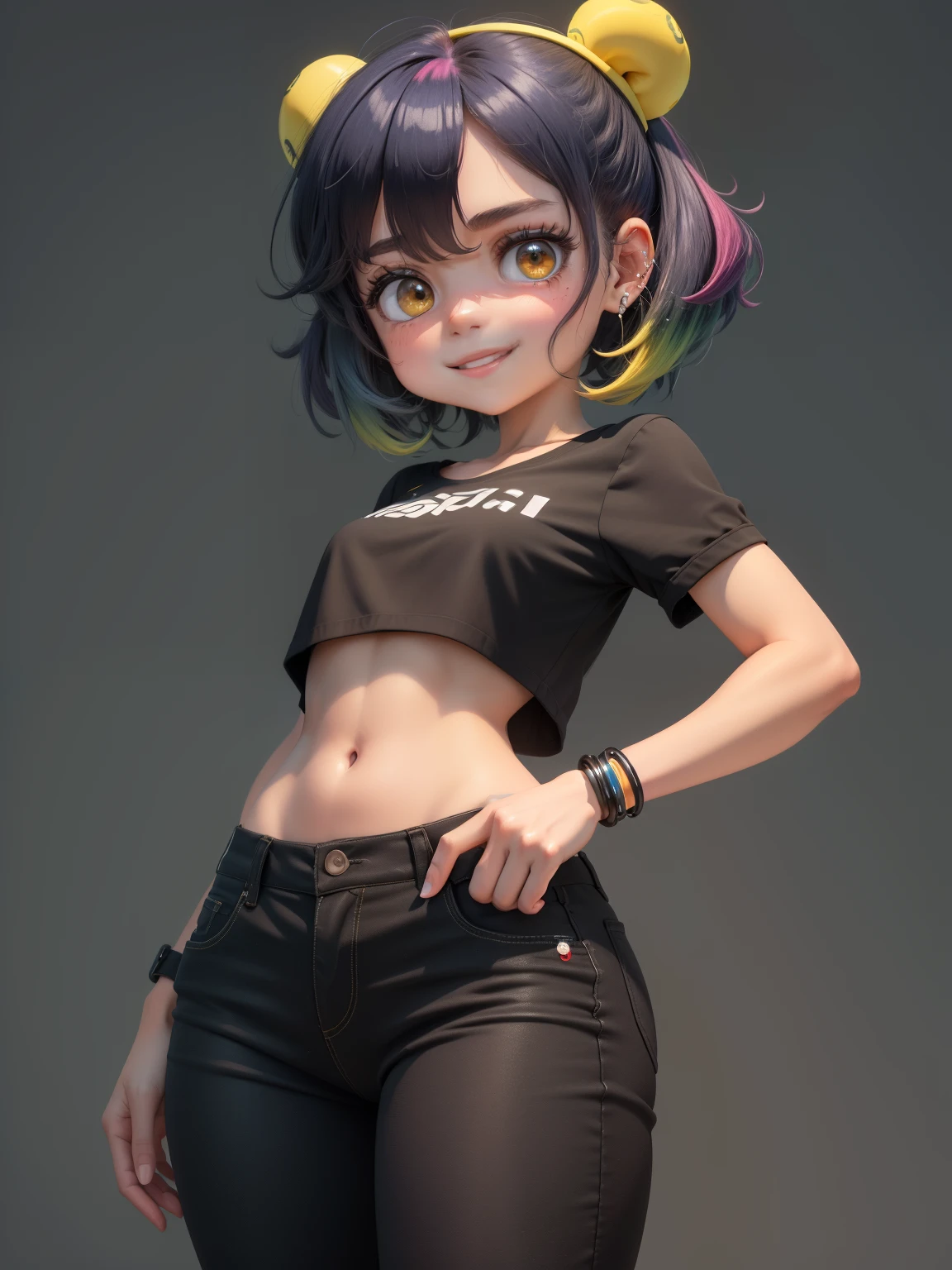 (obra-prima), (melhor qualidade), (ultra-detalhado), (corpo inteiro: 1.2) garota negra, crop moletom preto, pants, crop blouse, sorriso claro, corpo inteiro, :3, cabelo multicolor, enrolado, encaracolado, crespo moderno, Modern accessories, fundo tom pastel , colorido e simples.