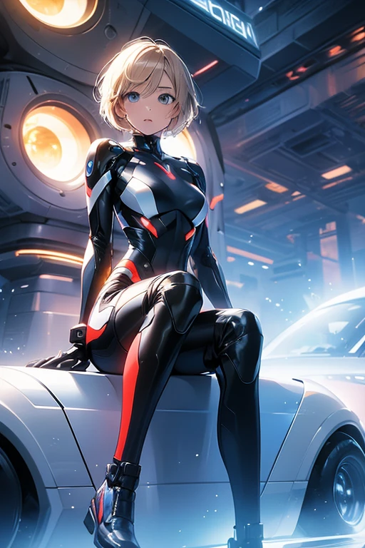 beautiful girl, short blond hair, wearing futuristic body suit, sitting on futuristic motorcycle, spaceship in background, alien planet, high quality, colorful