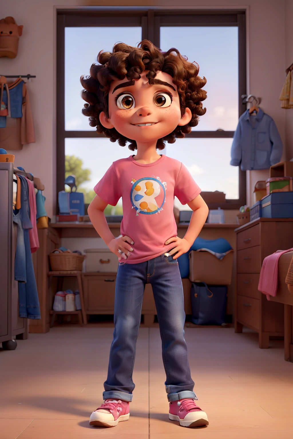 A -yeld boith short black hair and brown eyes wearing a blue t-shirt, jeans and ALL star sneakers and a 6-year-old  withown eyes, curly hair tied with two tails, dressed in a pink t-shirt, jeans and ALL star sneakers