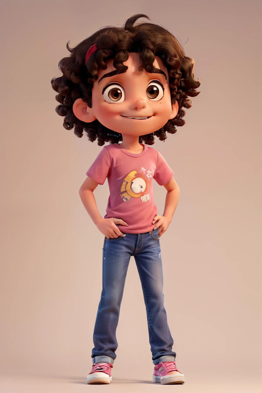 A 10-year-old boy with short black hair and brown eyes wearing a blue t-shirt, jeans and ALL star sneakers and a 6-year-old girl with brown eyes, curly hair tied with two tails, dressed in a pink t-shirt, jeans and ALL star sneakers