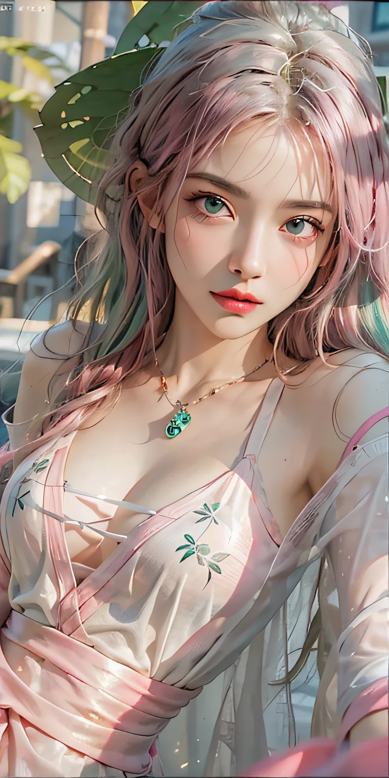 Photorealistic, high resolution, Soft light,1womanl, Solo, Hips up, (Detailed face), Nami \(One Piece\), tattoo, jewelry,Pink and green hair, Colored eyes, komono, Mitsu DS