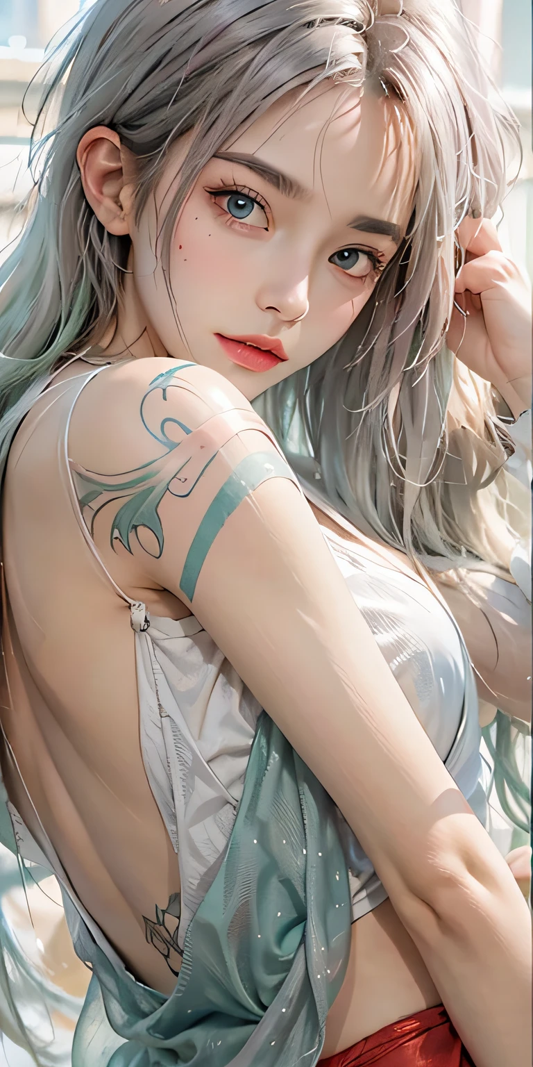 Photorealistic, high resolution, Soft light,1womanl, Solo, Hips up, (Detailed face), Nami \(One Piece\), tattoo, jewelry,Pink and green hair, Colored eyes, komono, Mitsu DS