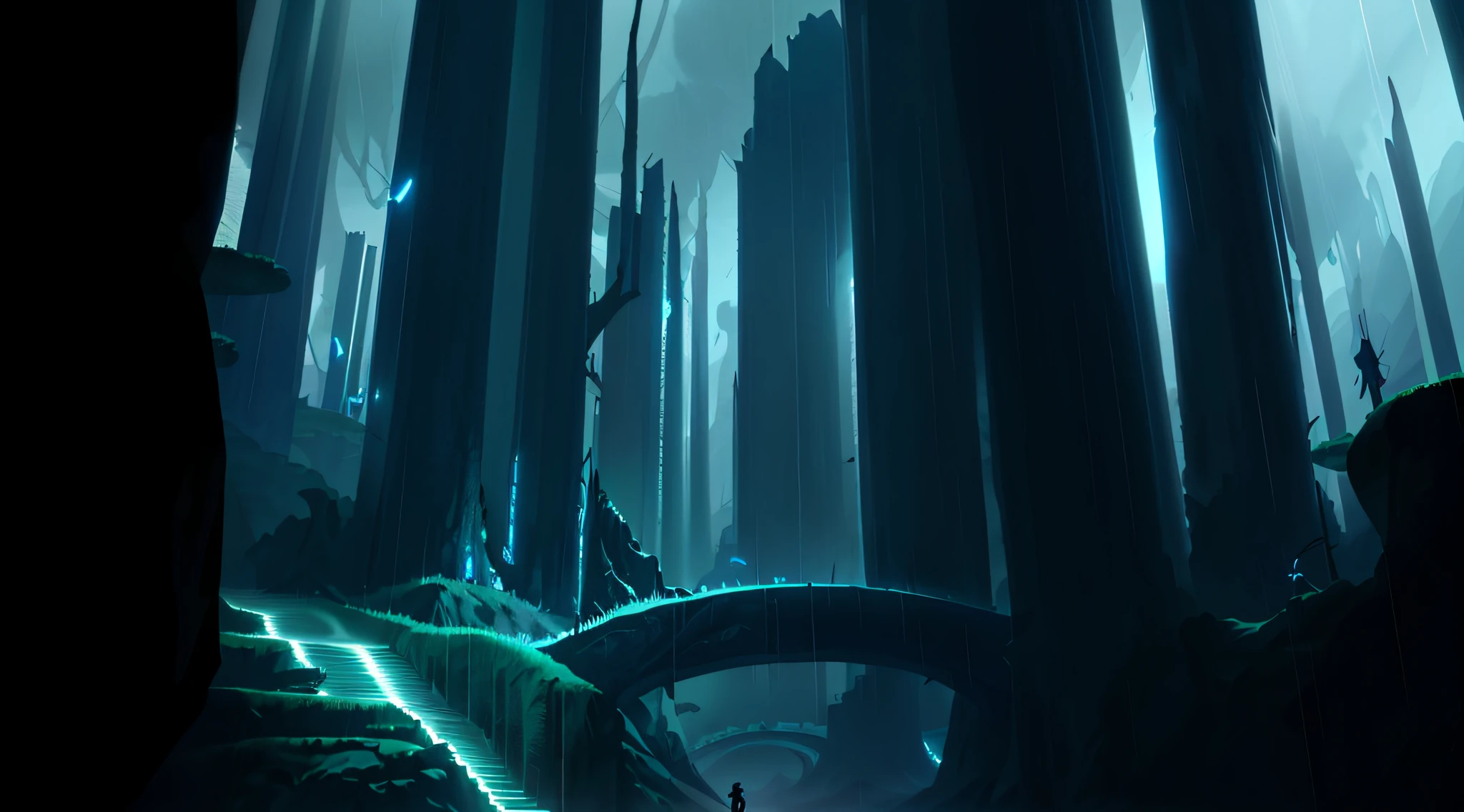 there is a man standing in a dark forest, dramatic lighting. concept art, pristine concept art, concept art stunning atmosphere, environment concept art, futuristic landscape, futuristic valley, stylized concept art, alien forest in background, indie game concept art, 2d concept art, concept art. epic landscape,bridge,rain